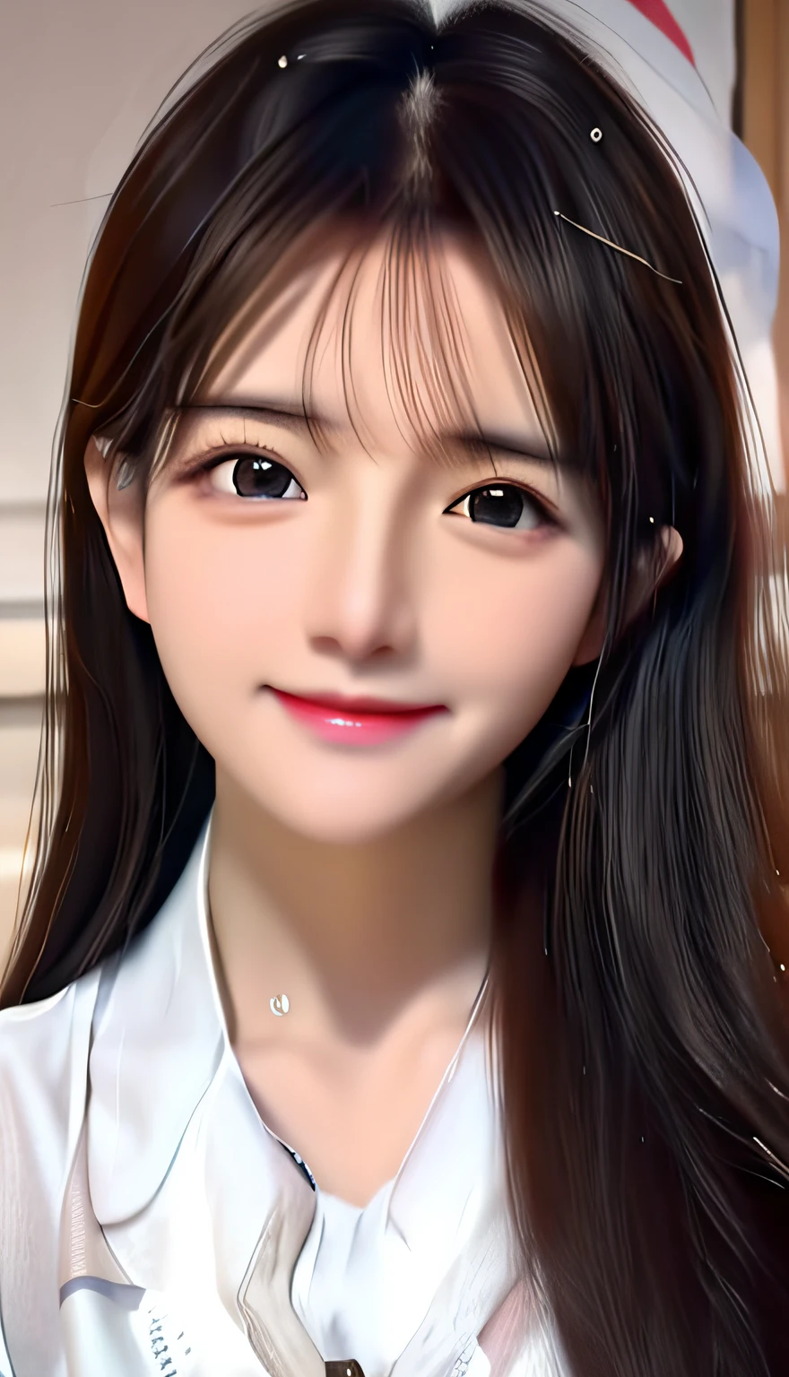 Realistic 3D anime style,Close-up of a dark-haired woman in a white shirt, Cute natural kawaii portrait face, Realist middle-aged man Cheng Yi, Realistic anime faces of young girls, The beautiful faces are stunning and realistic, Stunning anime portraiture, Cute girl realistic anime face。