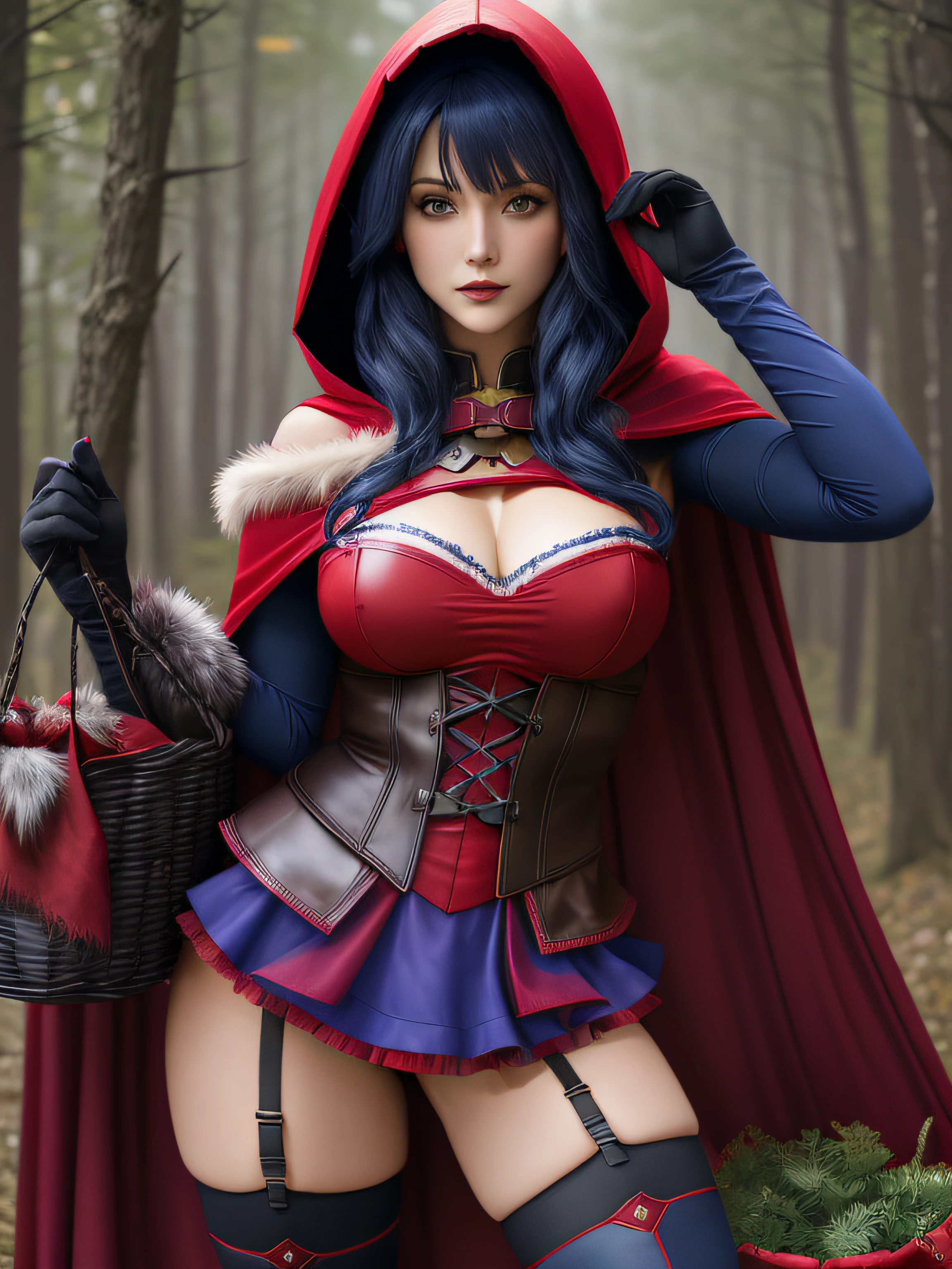 masterpiece,best quality, dark blue hair,purple eyes,breasts,wavy hair,swept bangs,medium hair, RHG, wearing RHG, red cape, red hood, black thighhighs, basket, , detached sleeves, gloves, (fur trim), red microskirt, red panties, dark foggy forest, dynamic pose, ,