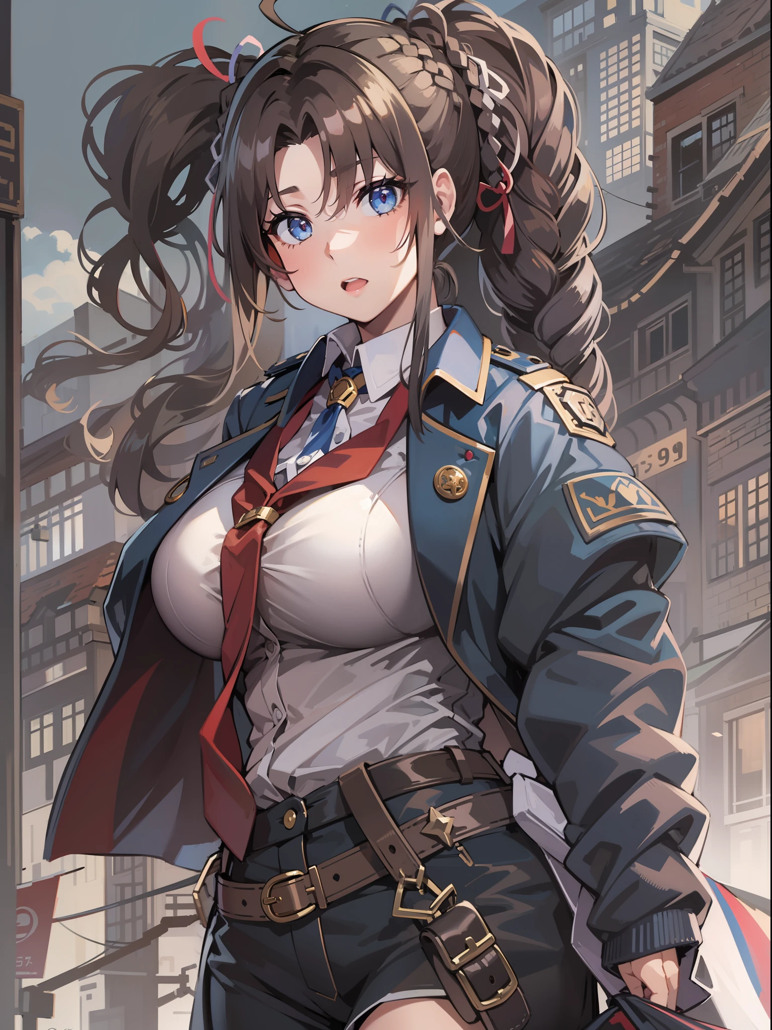 Artistic Female Detective、((Super huge breasts 999))、Ahoge、braid ponytail、