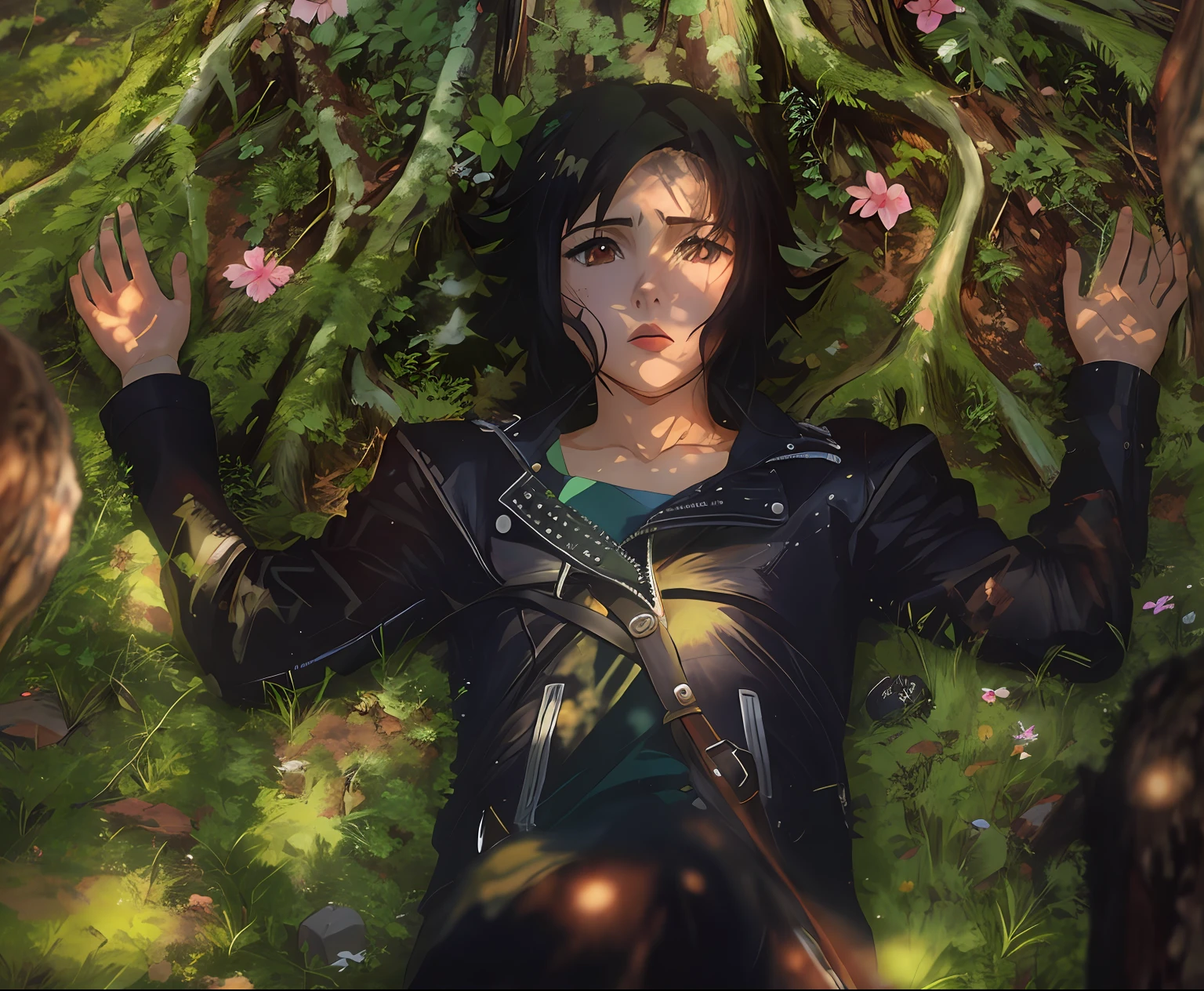 Anime: adolescente feminina de cabelos pretos e olhos azuis, rosto detalhado, is wearing a black leather jacket. It is lying on the ground amid the roots of a tree.