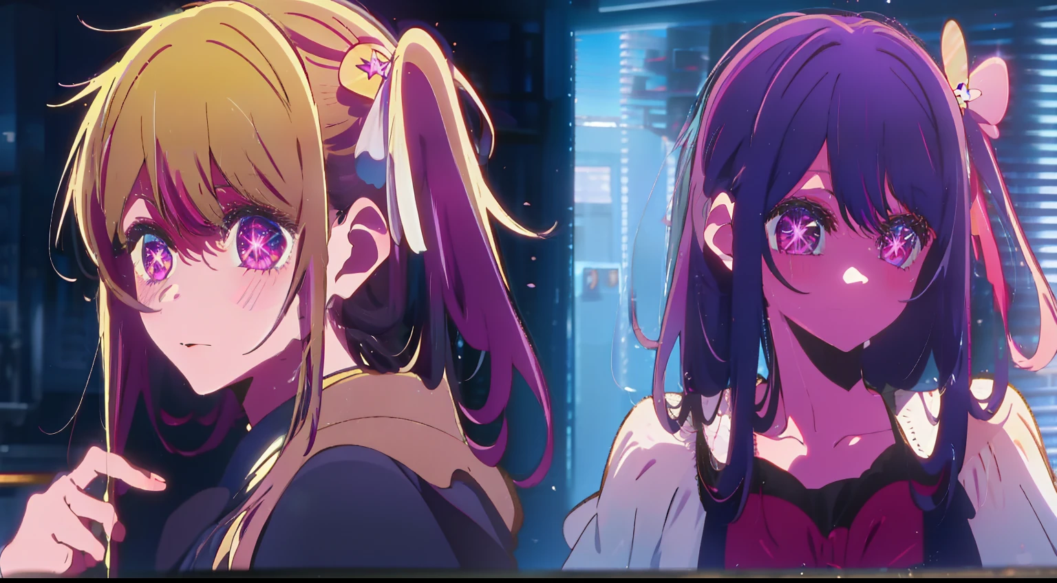 Two people、Idol Costumes、Hoshino Ai, Long hair, Purple hair, striated hair ,Purple eyes, star-shaped pupils, Hair Ornament,Hoshino Ruby