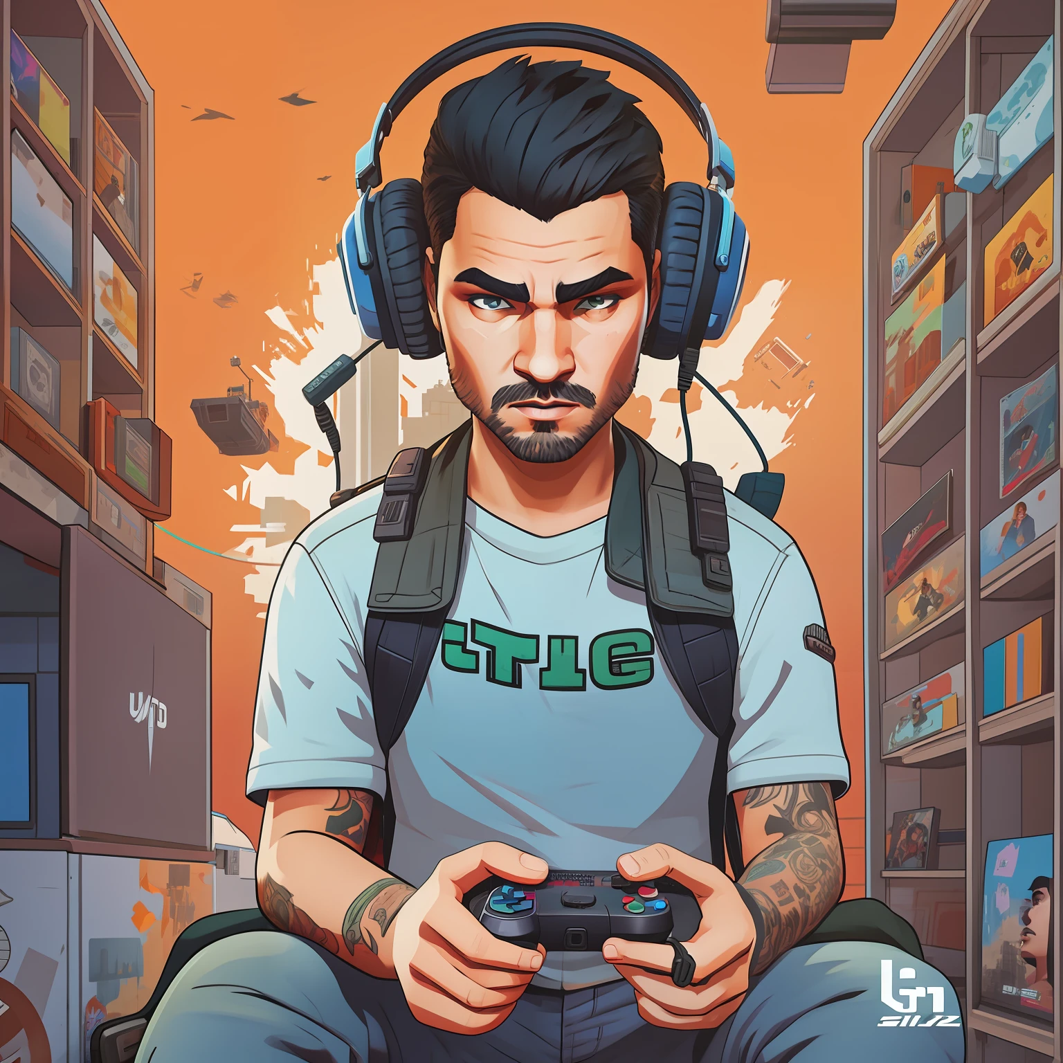 desenho animado de um homem com fones de ouvido jogando um videogame, Avatar de videogame, Epic portrait illustration, fanart de videogame, 2 d arte do jogo gta capa, 2d arte do jogo gta capa, arte do jogo, Video game style, Capa 2D Game Art GTA5, epic digital art illustration, Arte da sede, gta estilo de arte, Game Illustration, arte digital de videogame, gta arte