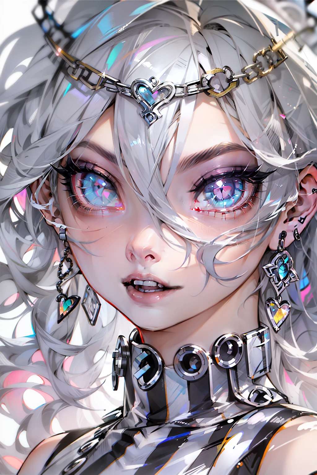 Striped hair, multicolored hair, Silver hair, Heart-shaped pupils, Mad eyes, Earrings, Crystal earrings, Makeup, poison fangs, High detail, Rococo style, Depth of field, Close-up, Wide shot, f/1.2, hyper HD, Textured skin