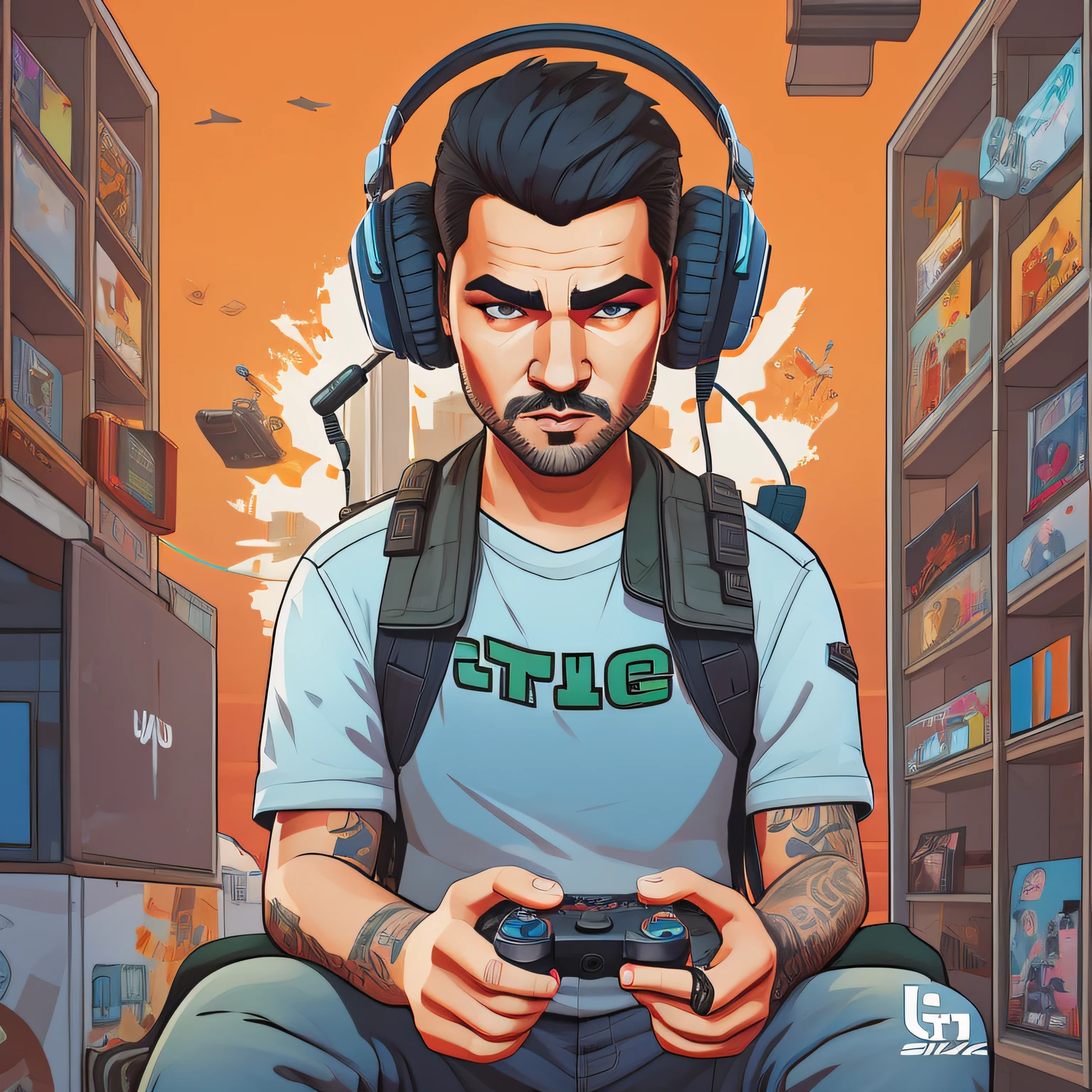 desenho animado de um homem com fones de ouvido jogando um videogame, Avatar de videogame, Epic portrait illustration, fanart de videogame, 2 d arte do jogo gta capa, 2d arte do jogo gta capa, arte do jogo, Video game style, Capa 2D Game Art GTA5, epic digital art illustration, Arte da sede, gta estilo de arte, Game Illustration, arte digital de videogame, gta arte