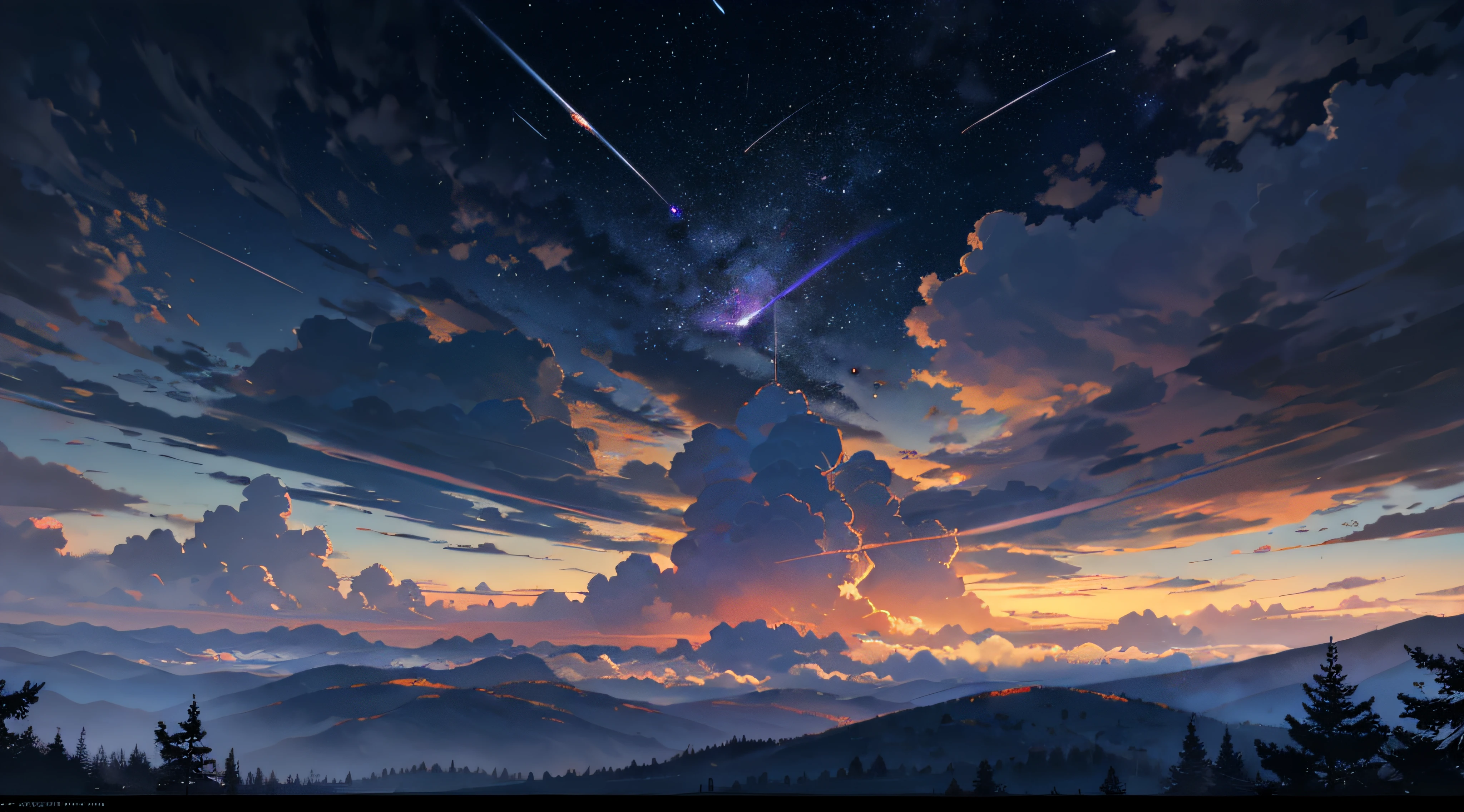 Expansive landscape photograph，（moon full：1.2），（meteors：0.9），（Starcloud：1.3），（Warm light source：1.2），（glowworm：1.2），lamp lights，Lots of purple and orange，Complicated details，Volumetriclighting，Realism BREAK（tmasterpiece：1.2），（best qualtiy），8K，Ultra-detailed，（dynamic compositions：1.4），The is very detailed，Colorful details，（Irridescent color：1.2），（luminouslighting，Atmospheric lighting），dream magical，magical，（独奏：1.2），（（best qualtiy））， （（tmasterpiece））， （the detail：1.4），depth of fields，maximum definition and sharpness，perfectly proportions，Fluttering clouds，Wallpapers