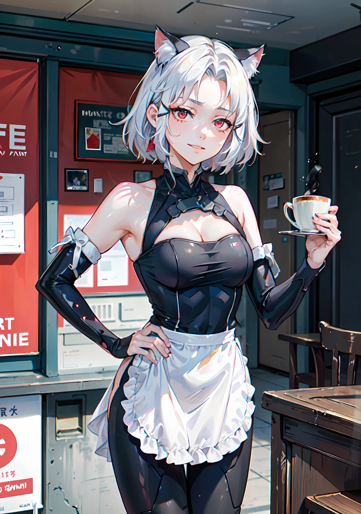 ((((masterpiece, best quality, high resolution)))), 1girl, white hair, red eyes, short wavy hair, average breasts, blush, light smile, parted lips, glow, thighs, bare shoulders, collarbone, narrow waist, cleavage, (beautiful detailed face, beautiful detailed eyes), long slender thighs, perfect eyes, (cat ears, maid outfit, maid apron), (sunbeam, sunlight, rose, wind, cafe)