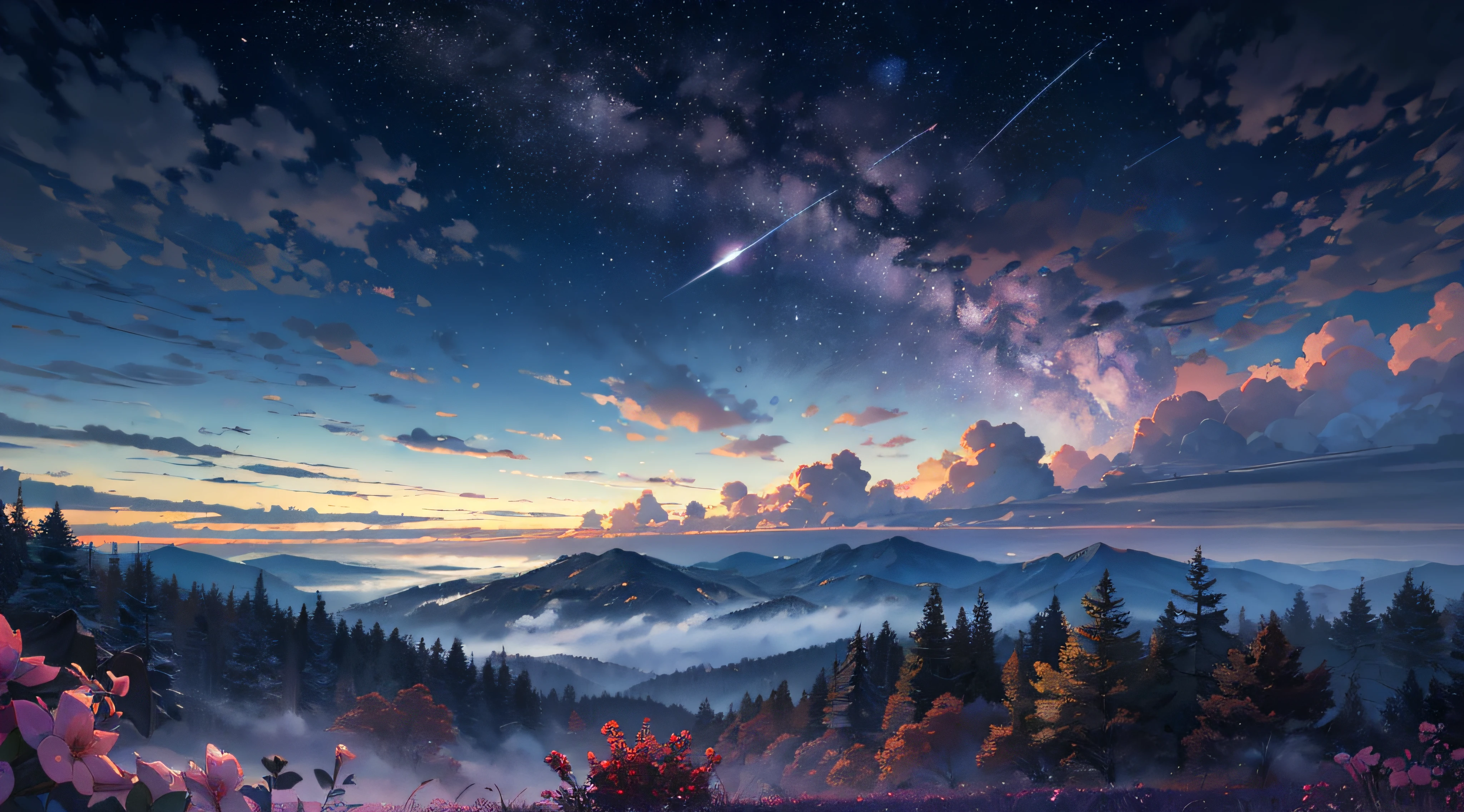 Expansive landscape photograph,(moon full:1.2),(meteors:0.9),(Starcloud:1.3),(Warm light source:1.2),(glowworm:1.2),lamp lights,Lots of purple and orange,Complicated details,Volumetriclighting,Realism BREAK(tmasterpiece:1.2),(best qualtiy),8K,Ultra-detailed,(dynamic compositions:1.4),The is very detailed,Colorful details,(Irridescent color:1.2),(luminouslighting,Atmospheric lighting),dream magical,magical,(独奏:1.2),((best qualtiy)), ((tmasterpiece)), (the detail:1.4),depth of fields,maximum definition and sharpness,perfectly proportions,Fluttering clouds,Wallpapers
