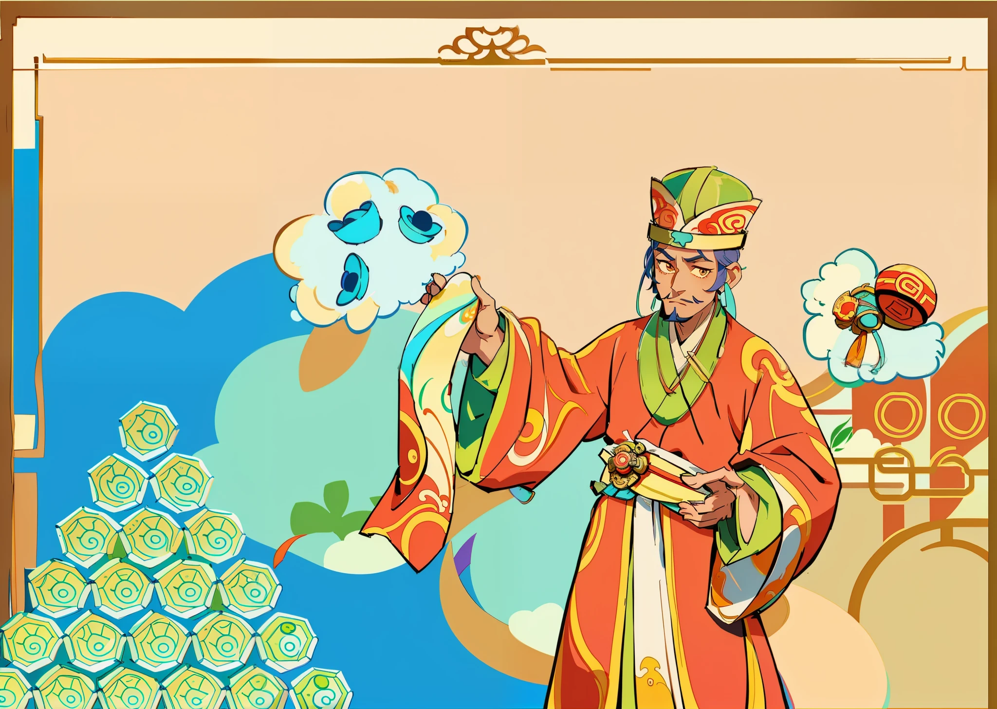 a drawing,A man in a robe and hat holds a piece of paper, Inspired by the Guan nobility, inspired by Emperor Huizong of Song, inspired by Dong Yuan, inspired by Gu An, inspired by Lü Ji, Wearing ancient Chinese clothes,Flat coating,، simple