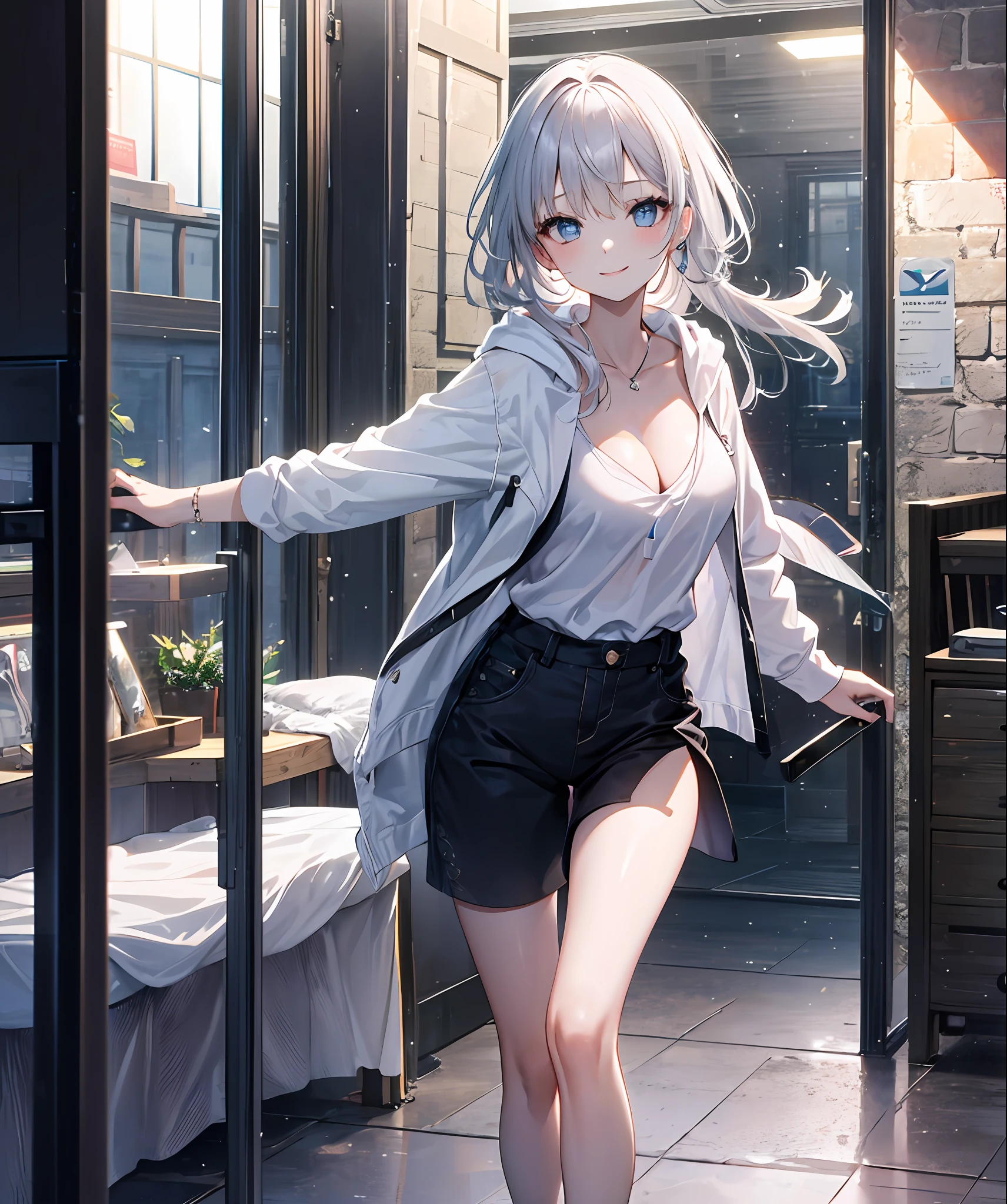 (​masterpiece、top-quality)、独奏、1womanl、White hair、the tips of the hair are blue、Blue eyes、A smile、White skin as clear as snow、Fantastical、Western-style room、Bedroom、Open legs,Small breasts, Silver hair, Blue eyes, Beautiful eyes,  Girl, Ecstasy, charmed, be smitten with audience, Hoodie, Hoodie with open front, Naked Hoodie, cleavage, Indoor