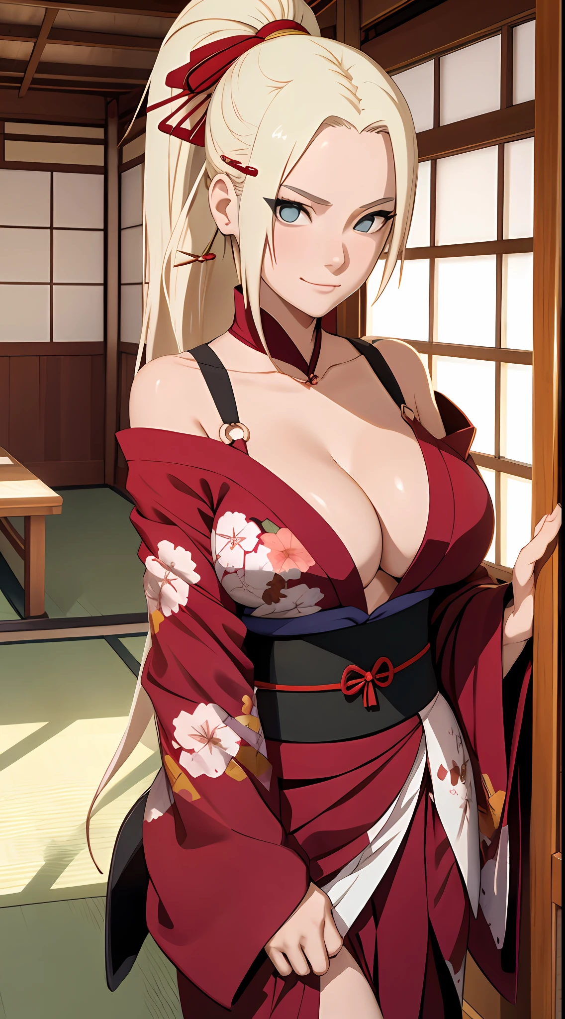 Ino yamanaka, komono, nevando, sitted,Japan kimono,Off-the-shoulder attire,cleavage,ssmile,Be red in the face,inside in room,Perfect body curves
