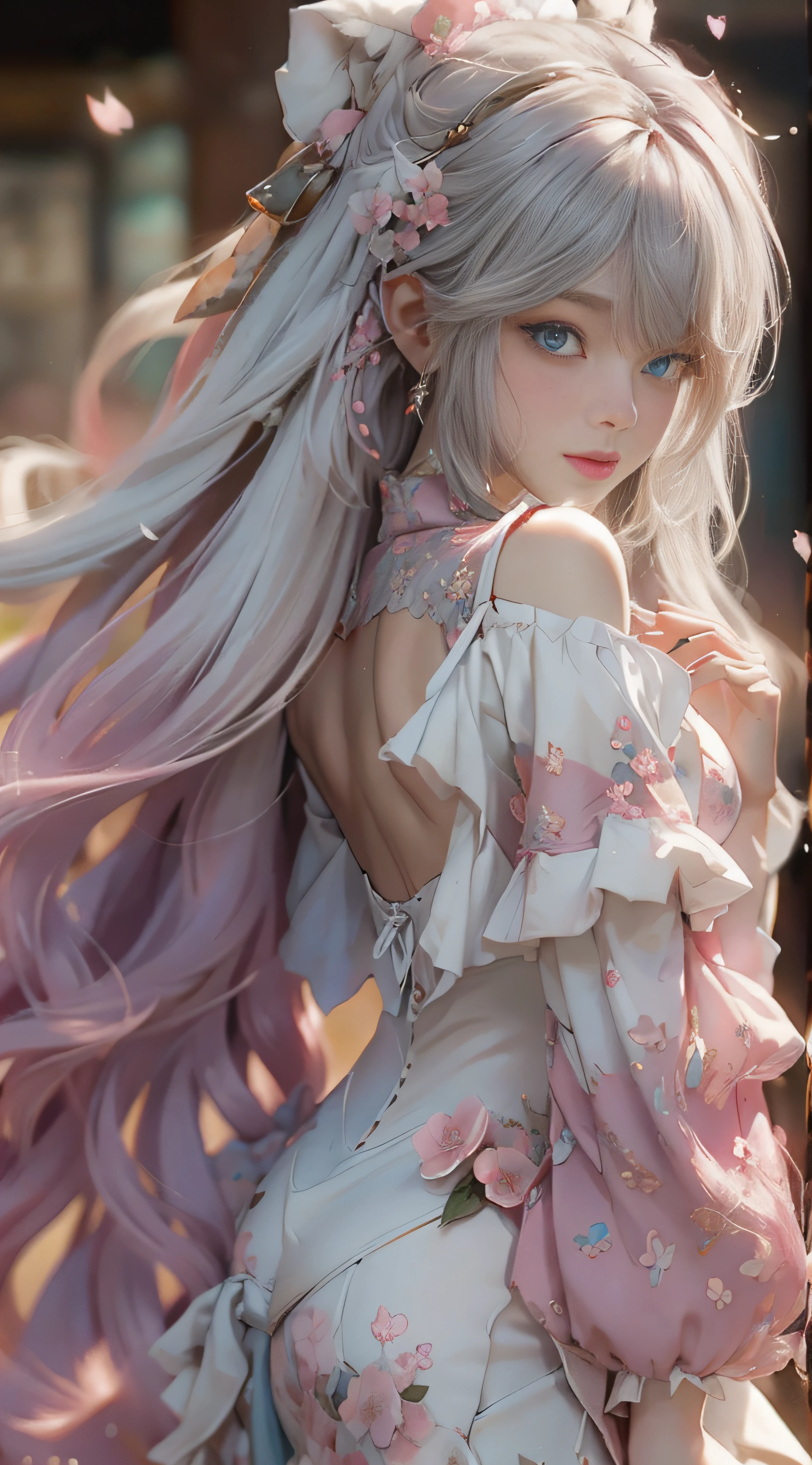 ((best qualtiy)), ((tmasterpiece)), (detail:1.4), Beautiful cyberpunk female images,hdr(HighDynamicRange),Ray traching,NVIDIA RTX,Hyper-Resolution,illusory 5,sub surface scattering,PBR textures,post-proces,Anisotropy Filtering,depth of fields,maximum definition and sharpness,Many-Layer Textures,Albedo e mapas Speculares,Surface coloring,Mitsu-Accurate simulation of material interactions,perfectly proportioned,rendering by octane,Two-colored light,largeaperture,Low ISO,White balance,Rule three points、8K raw data、Beautiful bright blue pupils,off-the-shoulder clothes,Fine pupils,Delicate face and eyes,long eyelasher,Blushlush,Delicate and fluffy hair,pink lip,Pure,Cute face,Sweet girl,Artistic sense,Casual wear,Advancedsense,butterflys,Cherry blossom petal,Beautiful hair accessories,Long hair and waist,Hair fluttering in the wind,Snow-white fox ears,curlies,Snow-white fluffy tail,Positive light,The light from the back window is backlighted