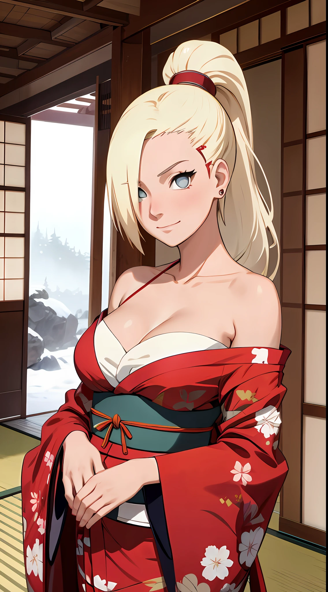 Ino yamanaka， komono， nevando， sitted，Japan kimono，Off-the-shoulder attire，cleavage，ssmile，Be red in the face，inside in room，Perfect body curves