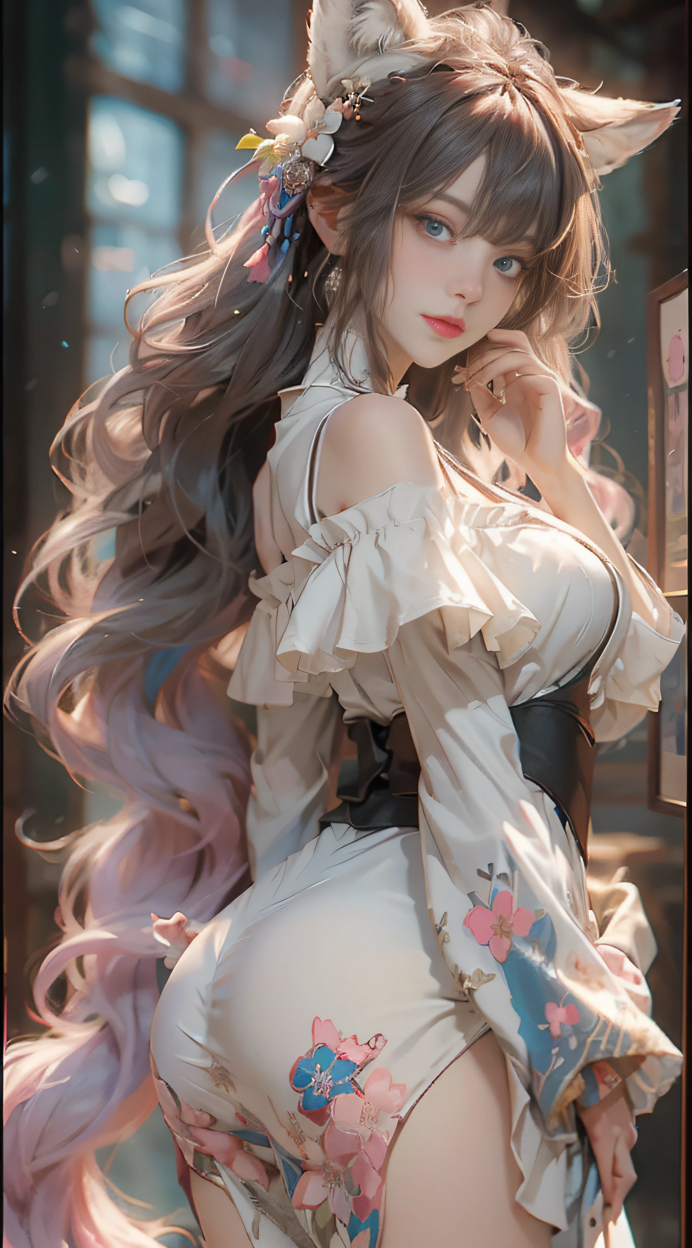 ((best qualtiy)), ((tmasterpiece)), (detail:1.4), Beautiful cyberpunk female images,hdr(HighDynamicRange),Ray traching,NVIDIA RTX,Hyper-Resolution,illusory 5,sub surface scattering,PBR textures,post-proces,Anisotropy Filtering,depth of fields,maximum definition and sharpness,Many-Layer Textures,Albedo e mapas Speculares,Surface coloring,Mitsu-Accurate simulation of material interactions,perfectly proportioned,rendering by octane,Two-colored light,largeaperture,Low ISO,White balance,Rule three points、8K raw data、Beautiful bright blue pupils,off-the-shoulder clothes,Fine pupils,Delicate face and eyes,long eyelasher,Blushlush,Delicate and fluffy hair,pink lip,Pure,Cute face,Sweet girl,Artistic sense,Casual wear,Advancedsense,butterflys,Cherry blossom petal,Beautiful hair accessories,Long hair and waist,Hair fluttering in the wind,Snow-white fox ears,curlies,Snow-white fluffy tail,Positive light,The light from the back window is backlighted