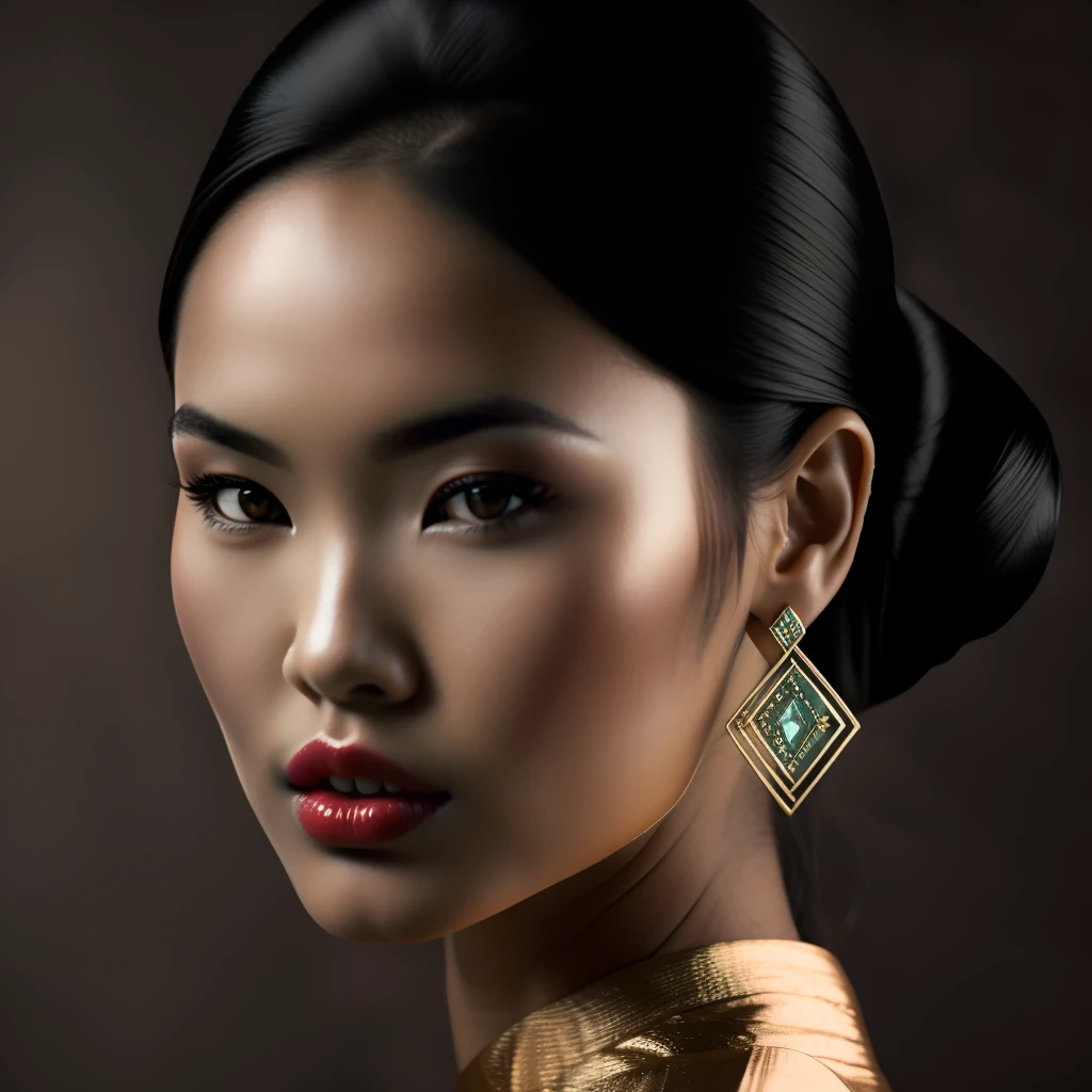 modelshoot style, RAW photo,1girl, 3d, asian, black_hair, blurry, brown_background, earrings, forehead, jewelry, lips, looking_at_viewer, nose, open_mouth, photo,  solo