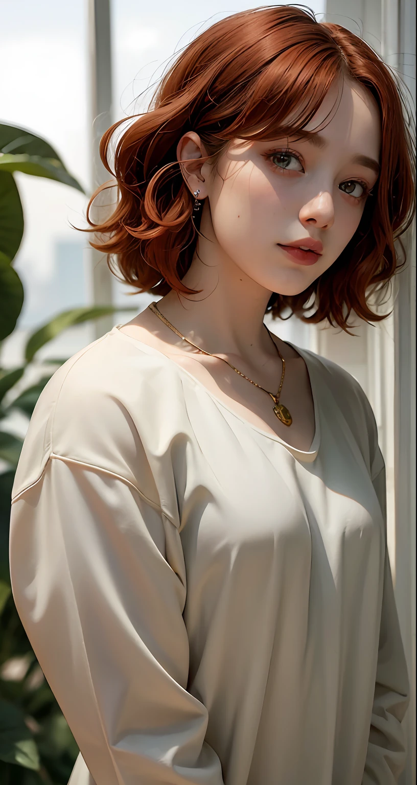 8k, RAW Photography, portlate,profile、 top-quality, 超A high resolution、curly hair、piercings、Photorealsitic, 1人, full bodyesbian, redhair, Green eyes、a necklace, a smile, eye lashes, 电影灯光, depth of fields, lensflare、The shirt