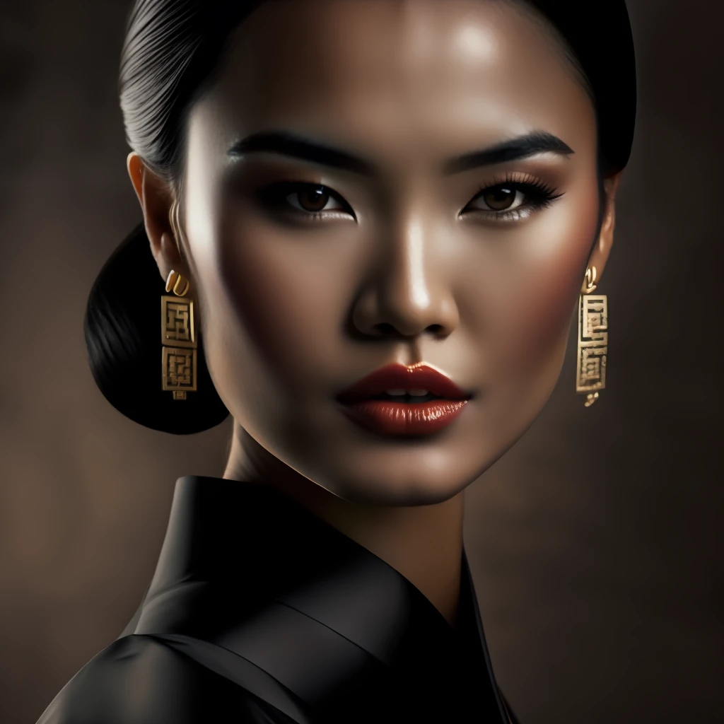 modelshoot style, RAW photo,1girl, 3d, asian, black_hair, blurry, brown_background, earrings, forehead, jewelry, lips, looking_at_viewer, nose, open_mouth, photo,  solo