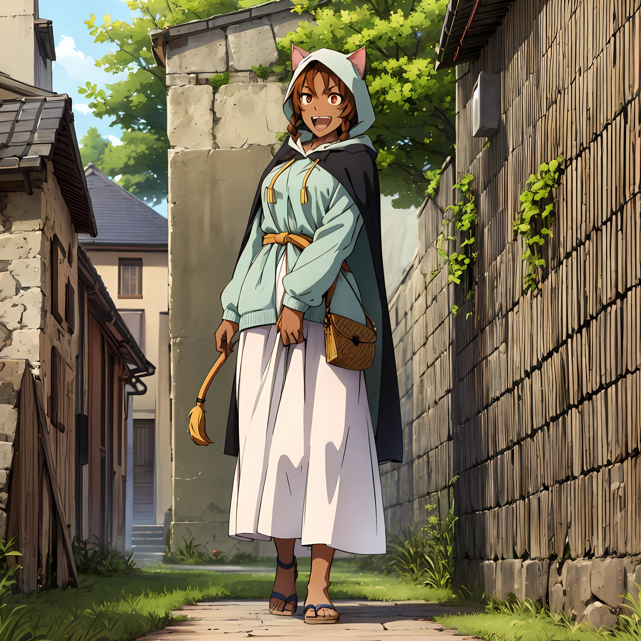 brown hair, dark-skinned female, yellow hood, twin braids, short hair, 1girl, cat ears, cat tail, medieval, fantasy clothes, tall female, red eyes, italy, open mouth, smile, teenage, medium breasts, sharp teeth, flip-flops, full body, solo focus, 1990s (style), twin braids, hooded cloak,,long skirt, walking