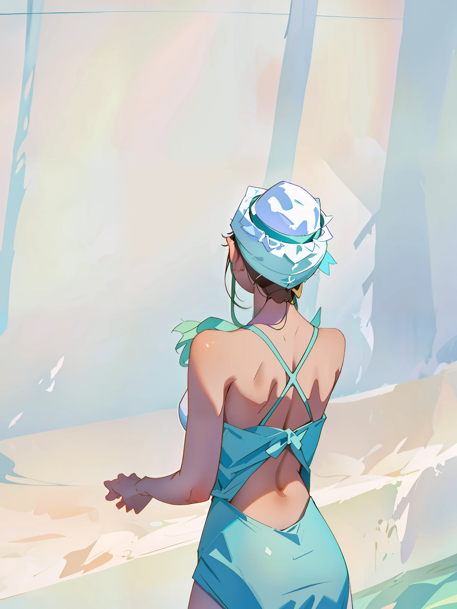 There was a woman in a blue swimsuit and a white hat, Full body photo,Long legs,wearing a white bathing cap, clemens ascher, inspired by Vincent Lefevre, author:Vincent Lefebvre, inspired by Fei Danxu, inspired by Russell Dongjun Lu, By Fei Danxu, sea - green and white clothes, photography alexey gurylev, monia merlo, inspired by Yanjun Cheng