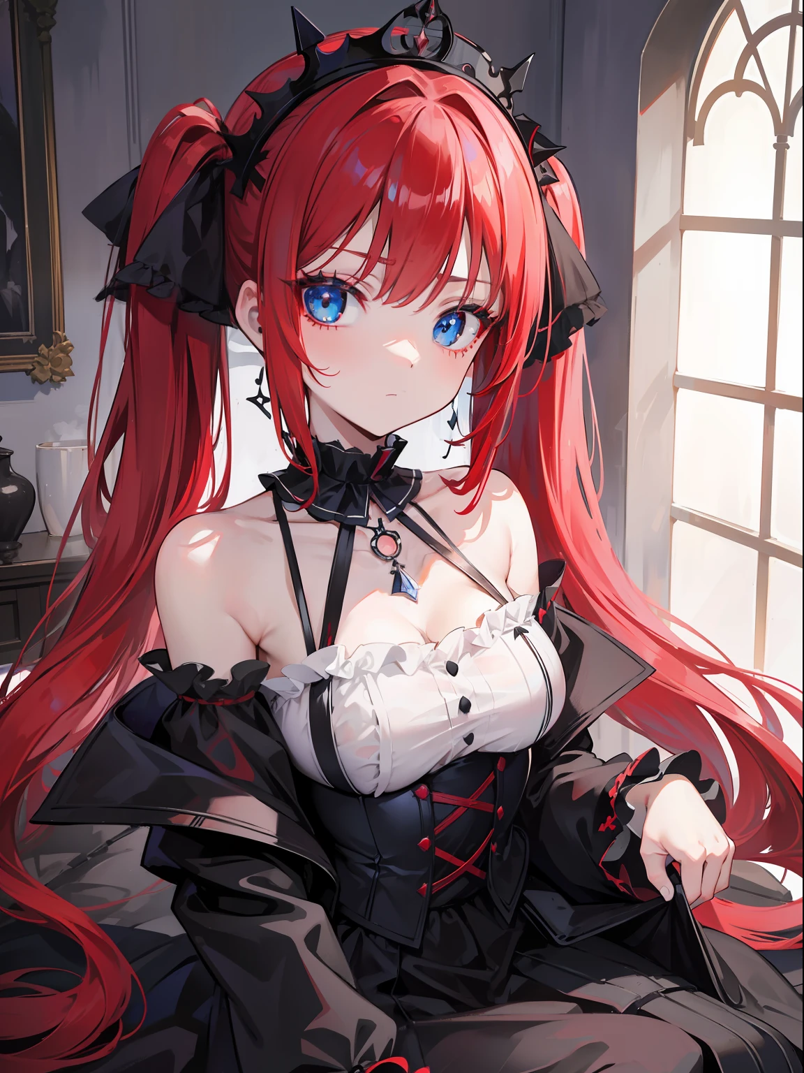 Red hair, Blue eyes, twintails, Goth Lolita, Darkgoth, Collar,Crown tiara,pride,solo,loli,Long hair,{{best quality}}, {{masterpiece}}, {{ultra-detailed}}, {illustration}, {detailed light}, {an extremely delicate and beautiful},