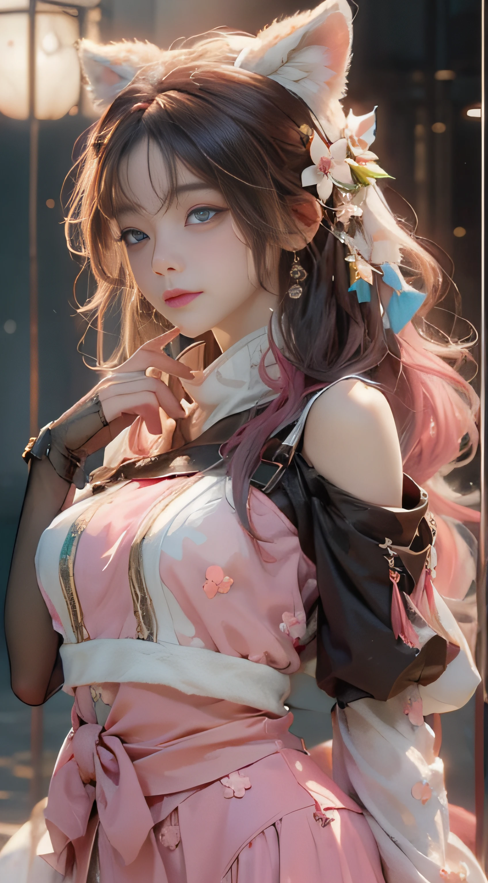 （（best qualtiy））， （（tmasterpiece））， （detail：1.4）， Beautiful cyberpunk female images，hdr（HighDynamicRange），Ray traching，NVIDIA RTX，Hyper-Resolution，illusory 5，sub surface scattering，PBR textures，post-proces，Anisotropy Filtering，depth of fields，maximum definition and sharpness，Many-Layer Textures，Albedo e mapas Speculares，Surface coloring，Mitsu-Accurate simulation of material interactions，perfectly proportioned，rendering by octane，Two-colored light，largeaperture，Low ISO，White balance，Rule three points、8K raw data、Beautiful bright blue pupils，off-the-shoulder clothes，Fine pupils，Delicate face and eyes，long eyelasher，Blushlush，Delicate and fluffy hair，pink lip，Pure，Cute face，Sweet girl，Artistic sense，Casual wear，Advancedsense，butterflys，Cherry blossom petal，Beautiful hair accessories，Long hair and waist，Hair fluttering in the wind，Snow-white fox ears，curlies，Snow-white fluffy tail，Positive light，The light from the back window is backlighted