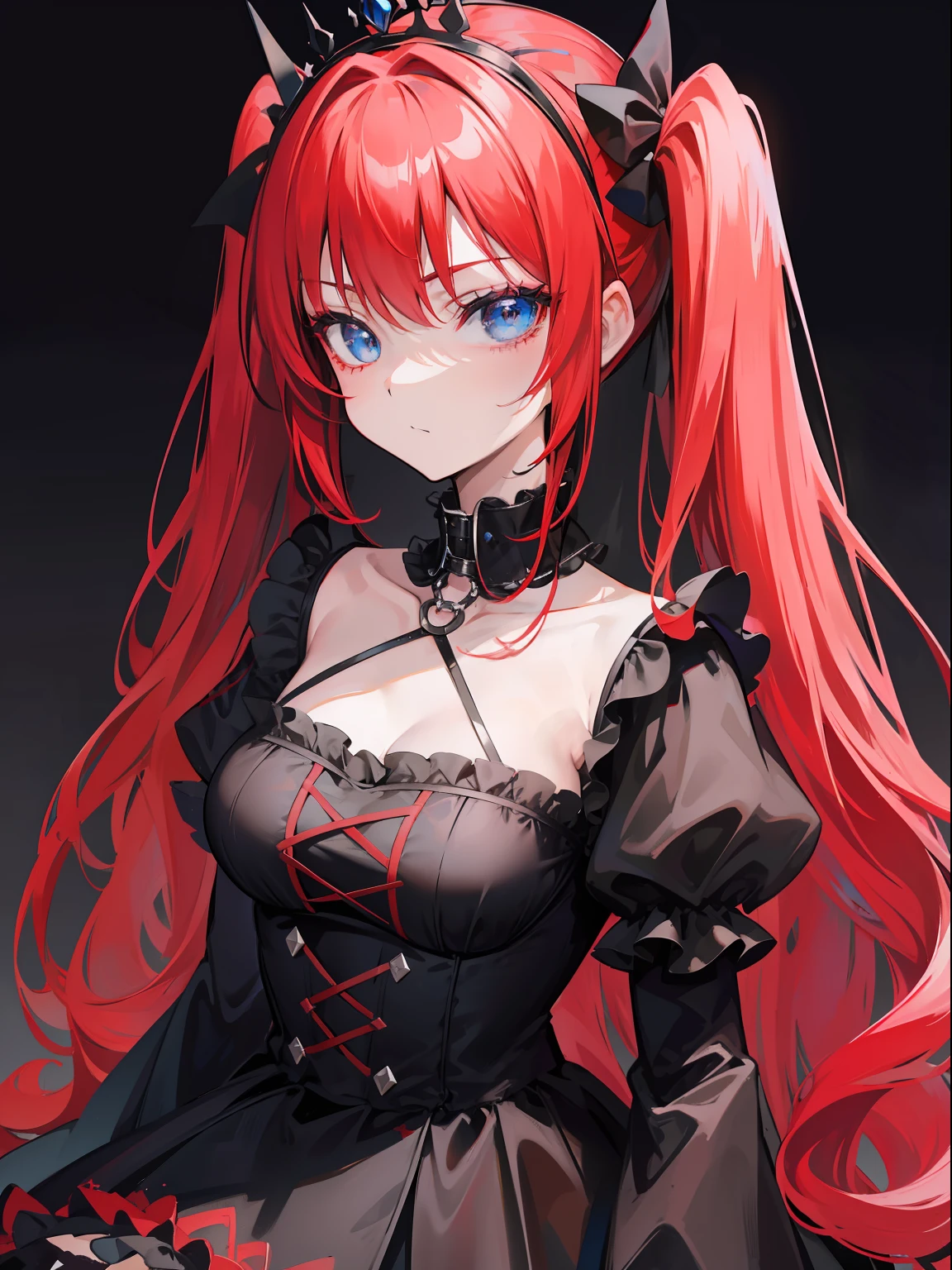Red hair, Blue eyes, twintails, Goth Lolita, Darkgoth, Collar,Crown tiara,pride,solo,loli,Long hair,{{best quality}}, {{masterpiece}}, {{ultra-detailed}}, {illustration}, {detailed light}, {an extremely delicate and beautiful},