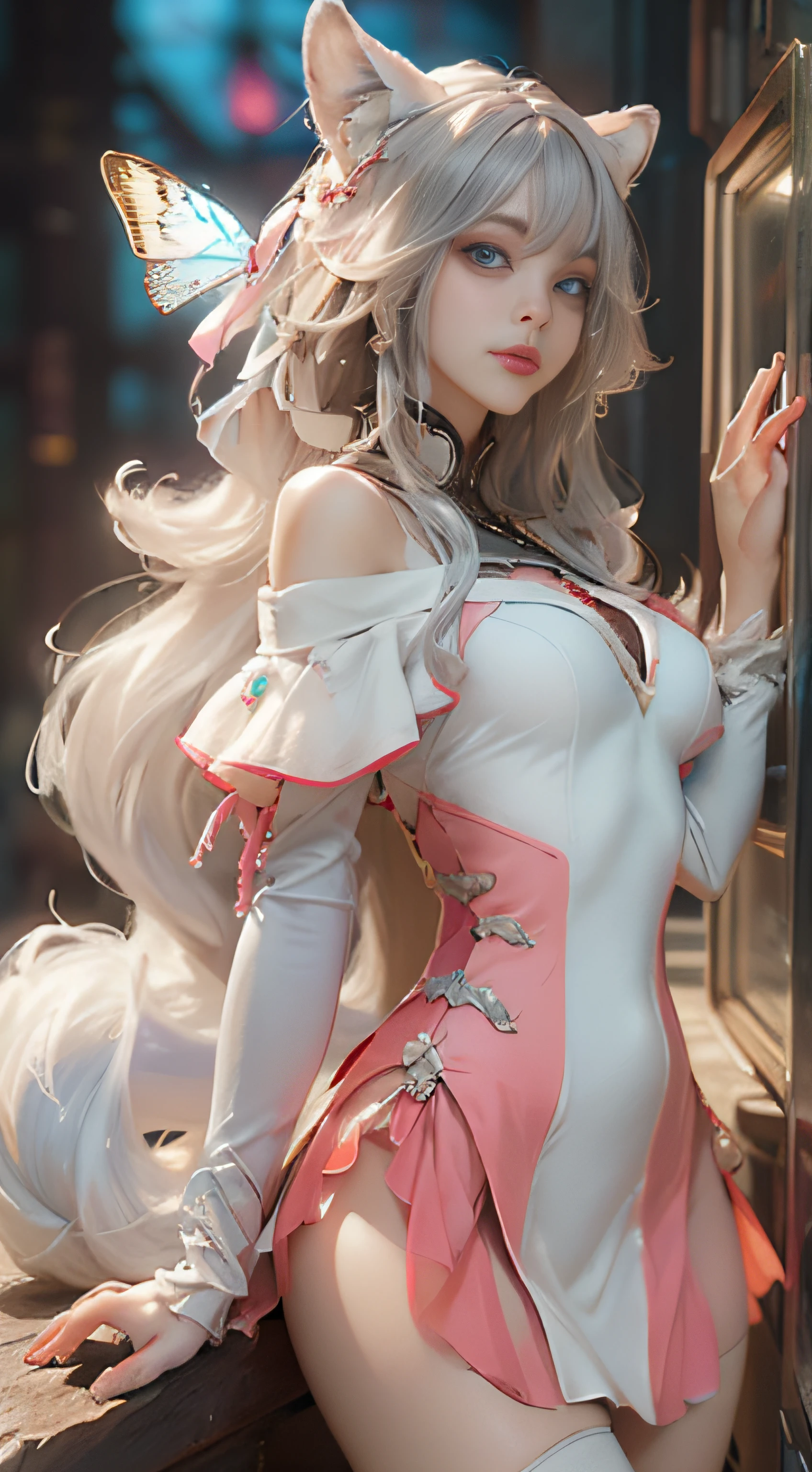 （（best qualtiy））， （（tmasterpiece））， （detail：1.4）， Beautiful cyberpunk female images，hdr（HighDynamicRange），Ray traching，NVIDIA RTX，Hyper-Resolution，illusory 5，sub surface scattering，PBR textures，post-proces，Anisotropy Filtering，depth of fields，maximum definition and sharpness，Many-Layer Textures，Albedo e mapas Speculares，Surface coloring，Mitsu-Accurate simulation of material interactions，perfectly proportioned，rendering by octane，Two-colored light，largeaperture，Low ISO，White balance，Rule three points、8K raw data、Beautiful bright blue pupils，off-the-shoulder clothes，Fine pupils，Delicate face and eyes，long eyelasher，Blushlush，Delicate and fluffy hair，pink lip，Pure，Cute face，Sweet girl，Artistic sense，Casual wear，Advancedsense，butterflys，Cherry blossom petal，Beautiful hair accessories，Long hair and waist，Hair fluttering in the wind，Snow-white fox ears，curlies，Snow-white fluffy tail，Positive light，The light from the back window is backlighted