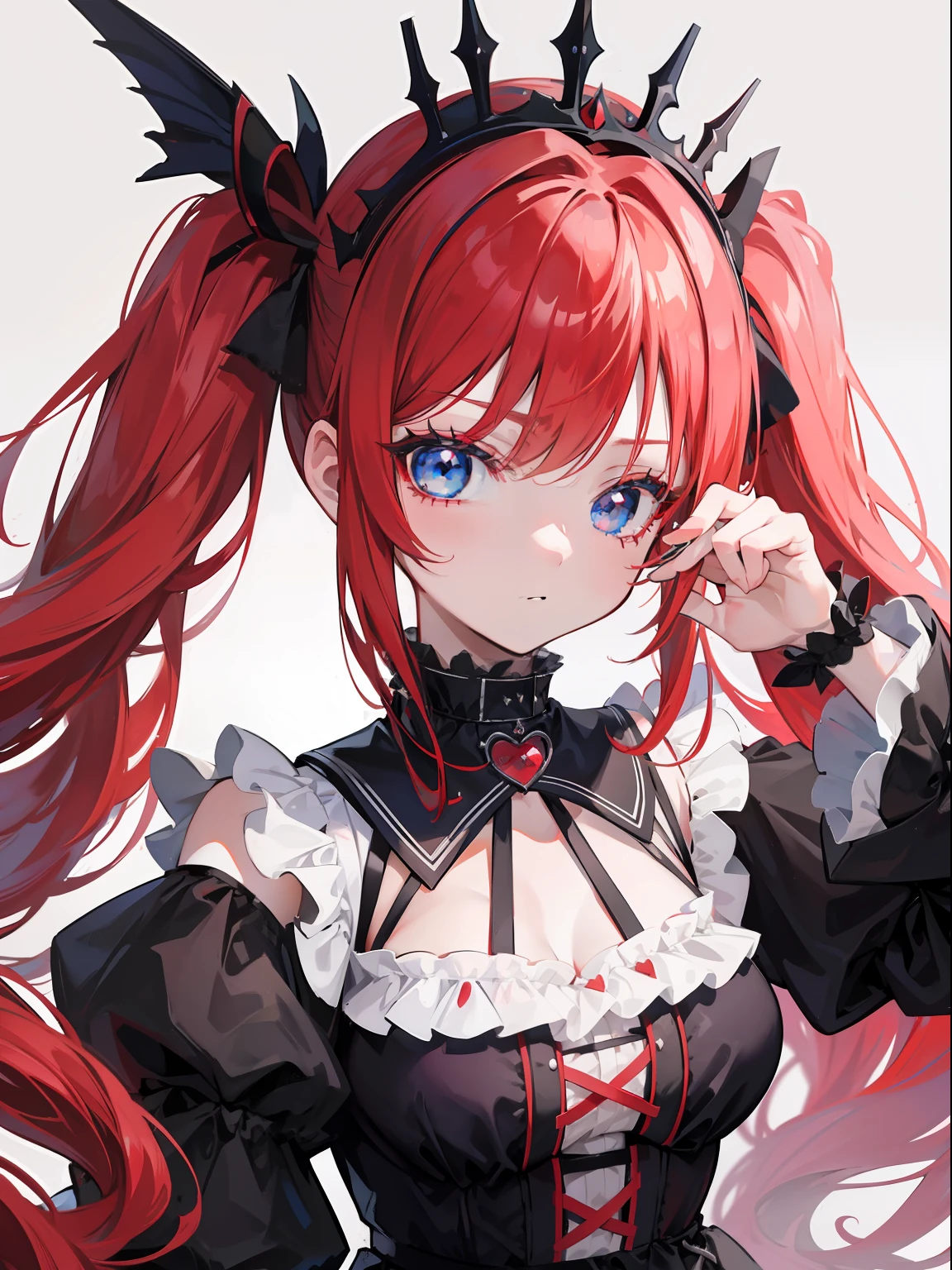 Red hair, Blue eyes, twintails, Goth ta, Darkgoth, Collar,Crown tiara,pride,solo,lolig hair,{{best quality}}, {{masterpiece}}, {{ultra-detailed}}, {illustration}, {detailed light}, {an extremely delicate and beautiful},