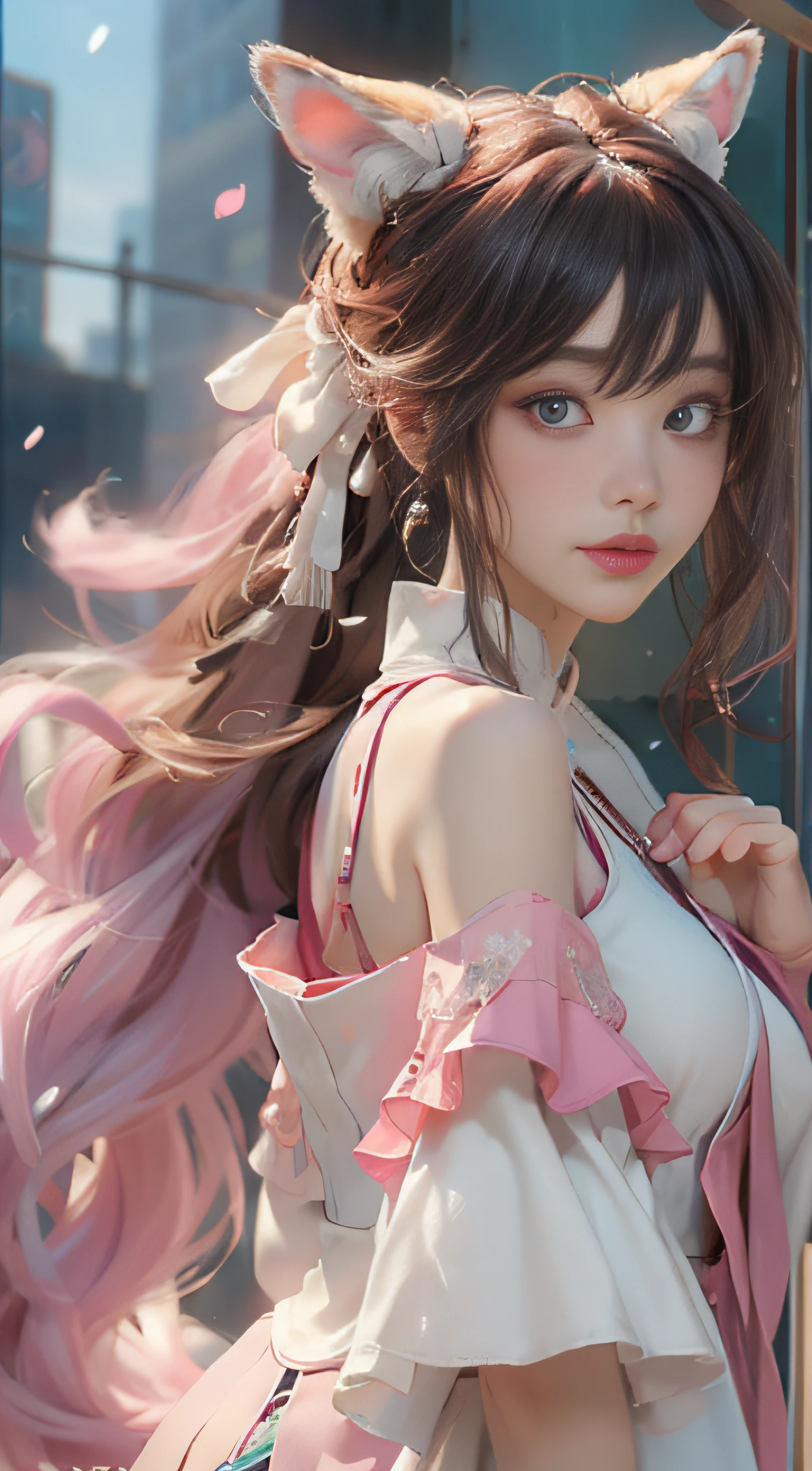 ((best qualtiy)), ((tmasterpiece)), (detail:1.4), Beautiful cyberpunk female images,hdr(HighDynamicRange),Ray traching,NVIDIA RTX,Hyper-Resolution,illusory 5,sub surface scattering,PBR textures,post-proces,Anisotropy Filtering,depth of fields,maximum definition and sharpness,Many-Layer Textures,Albedo e mapas Speculares,Surface coloring,Mitsu-Accurate simulation of material interactions,perfectly proportioned,rendering by octane,Two-colored light,largeaperture,Low ISO,White balance,Rule three points、8K raw data、Beautiful bright blue pupils,off-the-shoulder clothes,Fine pupils,Delicate face and eyes,long eyelasher,Blushlush,Delicate and fluffy hair,pink lip,Pure,Cute face,Sweet girl,Artistic sense,Casual wear,Advancedsense,butterflys,Cherry blossom petal,Beautiful hair accessories,Long hair and waist,Hair fluttering in the wind,Snow-white fox ears,curlies,Snow-white fluffy tail,Positive light,The light from the back window is backlighted