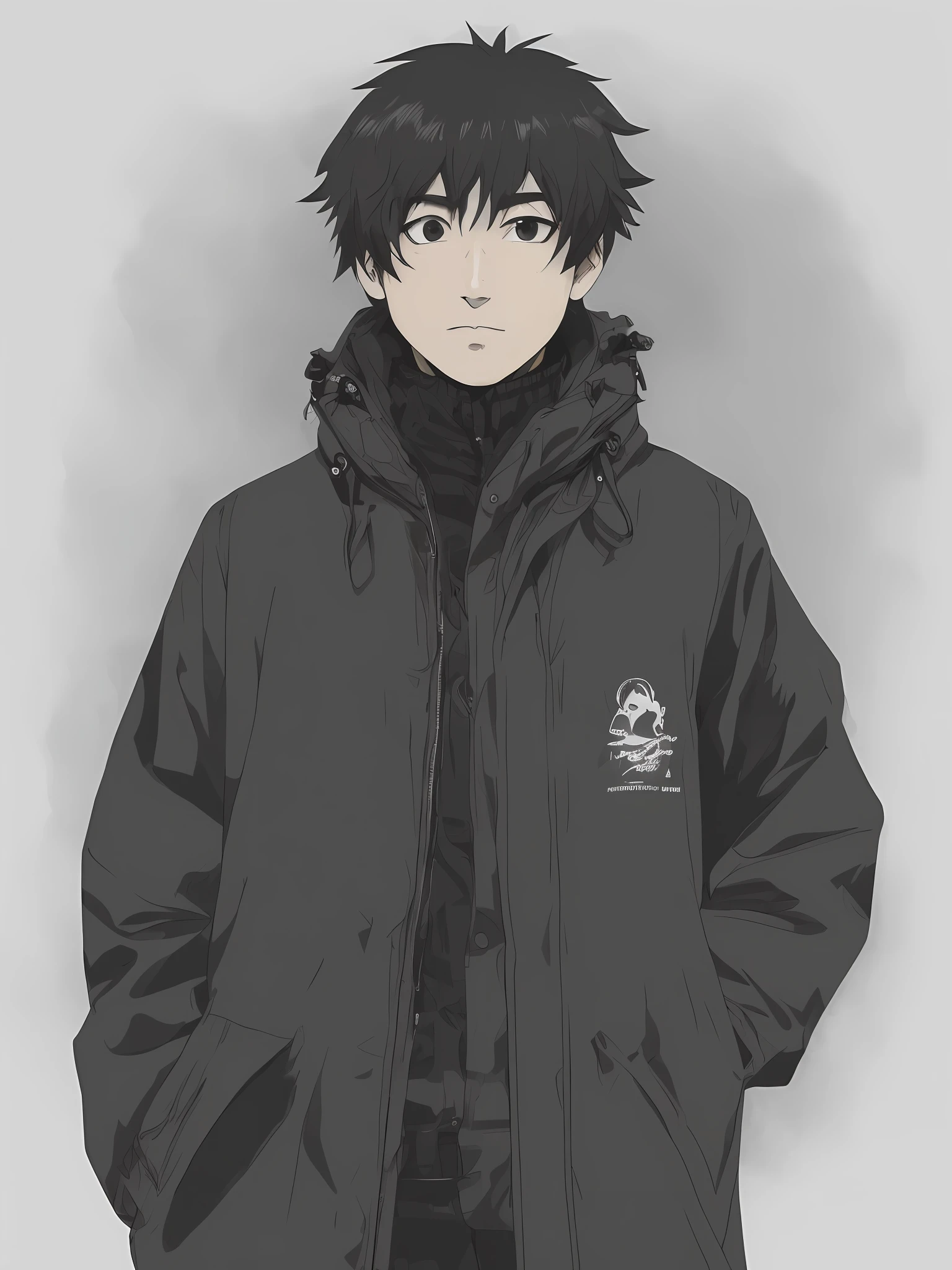 masterpiece, (((anime))), (((vector art))), (((black and white core))), (((tsutomu nihei))),1man , handsome, portrait, black fur parka, green hat, security agent, a man wearing a black jacket, illustrator, overcast!!!, he is wearing a black trenchcoat, with accurate face