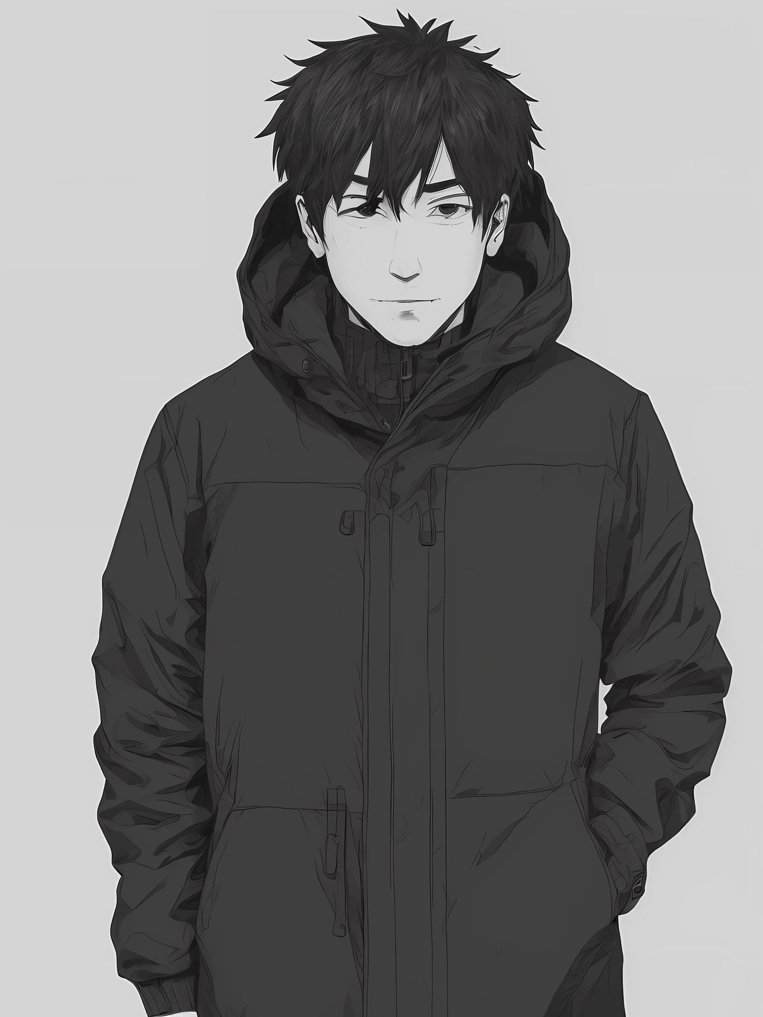masterpiece, (((anime))), (((vector art))), (((black and white core))), (((tsutomu nihei))),1man , handsome, portrait, black fur parka, green hat, security agent, a man wearing a black jacket, illustrator, overcast!!!, he is wearing a black trenchcoat, with accurate face