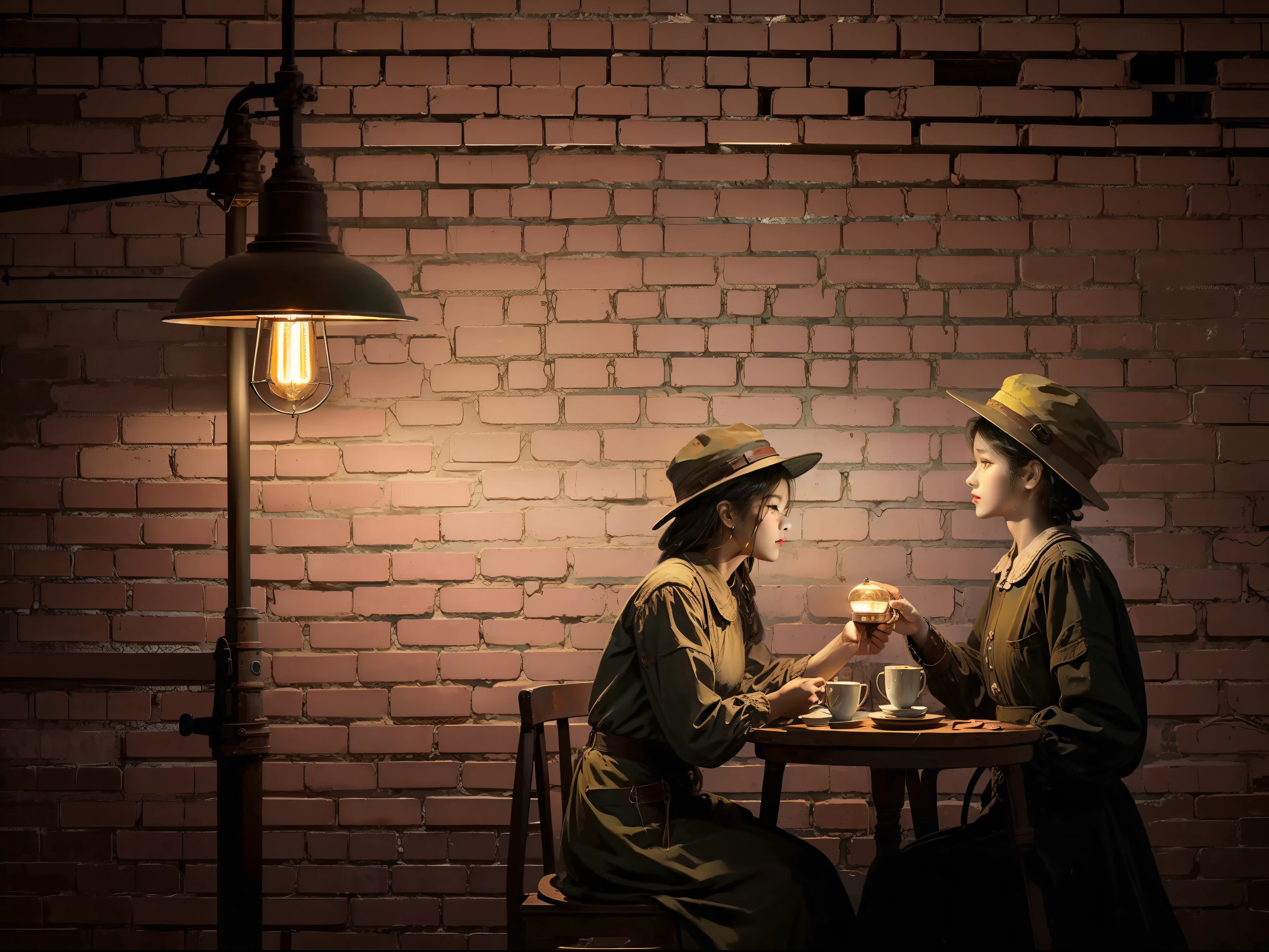 Cafe,night,art,lamp,brick wall,vintage, antique, miner