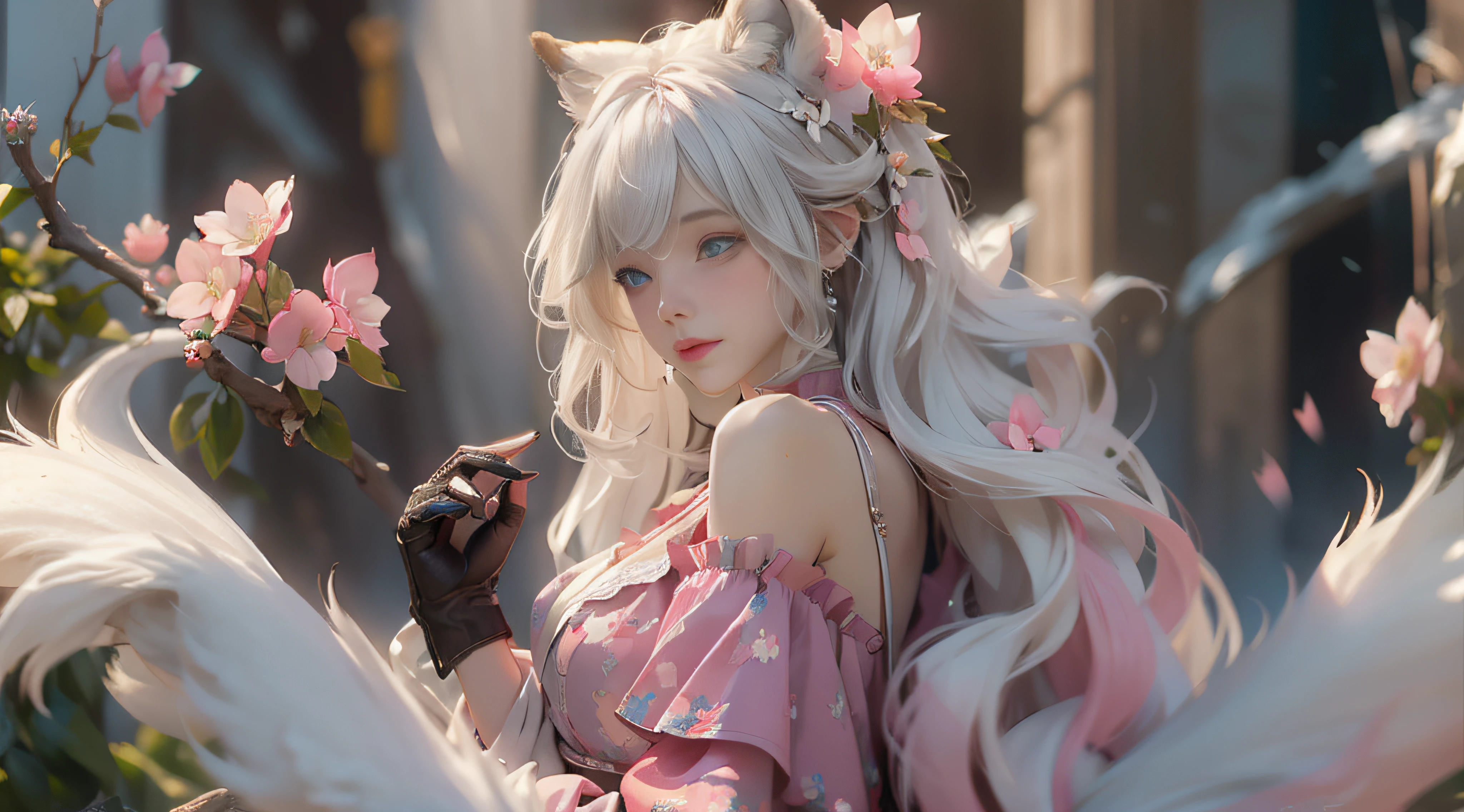（（best qualtiy））， （（tmasterpiece））， （detail：1.4）， Beautiful cyberpunk female images，hdr（HighDynamicRange），Ray traching，NVIDIA RTX，Hyper-Resolution，illusory 5，sub surface scattering，PBR textures，post-proces，Anisotropy Filtering，depth of fields，maximum definition and sharpness，Many-Layer Textures，Albedo e mapas Speculares，Surface coloring，Mitsu-Accurate simulation of material interactions，perfectly proportioned，rendering by octane，Two-colored light，largeaperture，Low ISO，White balance，Rule three points、8K raw data、Beautiful bright blue pupils，off-the-shoulder clothes，Fine pupils，Delicate face and eyes，long eyelasher，Blushlush，Delicate and fluffy hair，pink lip，Pure，Cute face，Sweet girl，Artistic sense，Casual wear，Advancedsense，butterflys，Cherry blossom petal，Beautiful hair accessories，Long hair and waist，Hair fluttering in the wind，Snow-white fox ears，curlies，Snow-white fluffy tail，Positive light，The light from the back window is backlighted