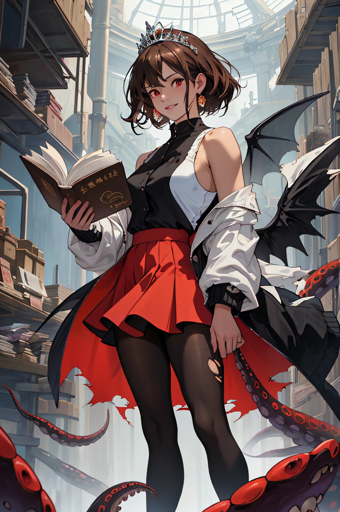 (​master piece:1.3),(Ultra detailed:1.1), (Best quality, Masterpiece:1.4), (Realism:1.2), (Realistis:1.2), (absurderes:1.2), 4K, Detailed, Ultra-detailed，Witches，（Octopus tentacles：2），big laughter，Red eyes， Wings，torn laundry， lacepantyhose， nedium breasts，A brown-haired， reddress， nerds， jaket， floating object， 独奏， a skirt， Floating books， black black jacket， Torn pantyhose， Boots， 无袖， white  shirt， The shirt， arma， Brown hair long， standing on your feet， looking at viewert， afloat， Open your clothes， exposed bare shoulders， black pantyhoses， full bodyesbian， Black tiara， Keep one's mouth shut，thongs，Open jacket，cropped shoulders，high-heels