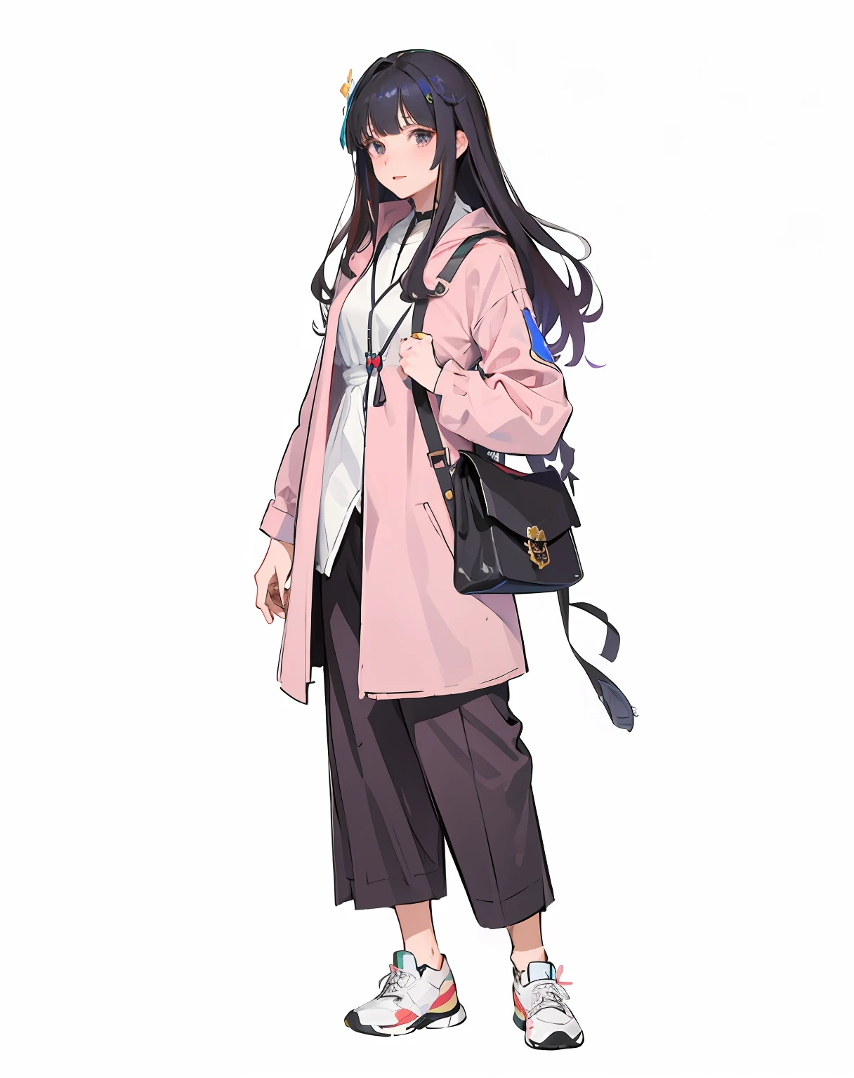 Sneakers,Caricature of a woman in a pink coat and black bag, dressed with long fluent clothes, hyuga hyuga, ( ( wearing a long coat ) ), wearing a haori, inspired by Kamisaka Sekka, inspired by Tsuruko Yamazaki, Full body illustration, author:Uesaka Seka, anime full body illustration, sakura haruno,crisp clear rpg portrait, vanillaware artwork, Game art!!, macross delta splash art, Detailed key anime art