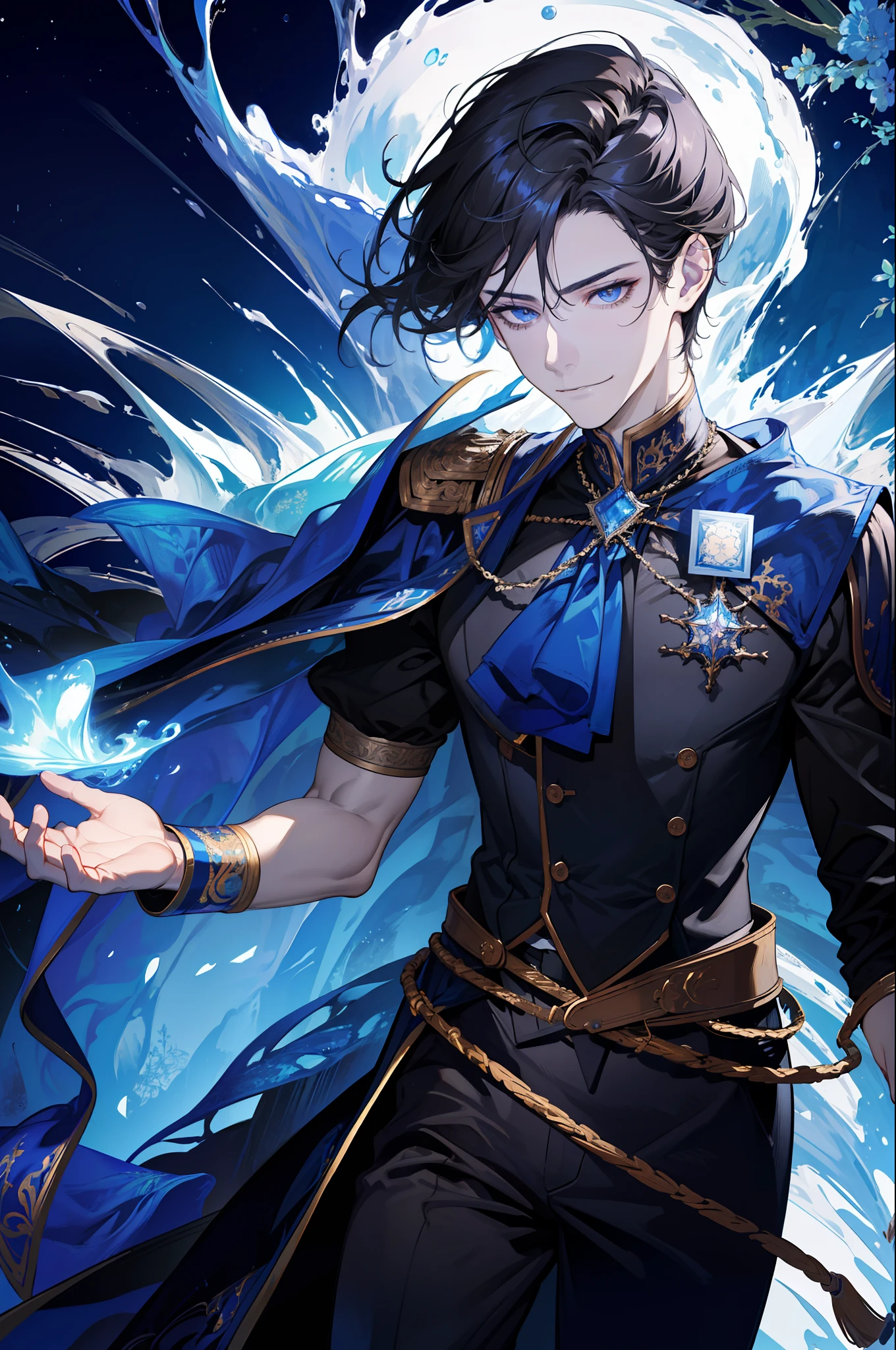 (absurdres, highres, ultra detailed), 1 male, adult, handsome, tall muscular guy, broad shoulders, finely detailed eyes, dark color hair, fantasy, complex pattern, detailed face, throne, magic effect, best ratio four finger and one thumb, ice, bitter cold, cold snap, smile, (dutch angle), closed mouth