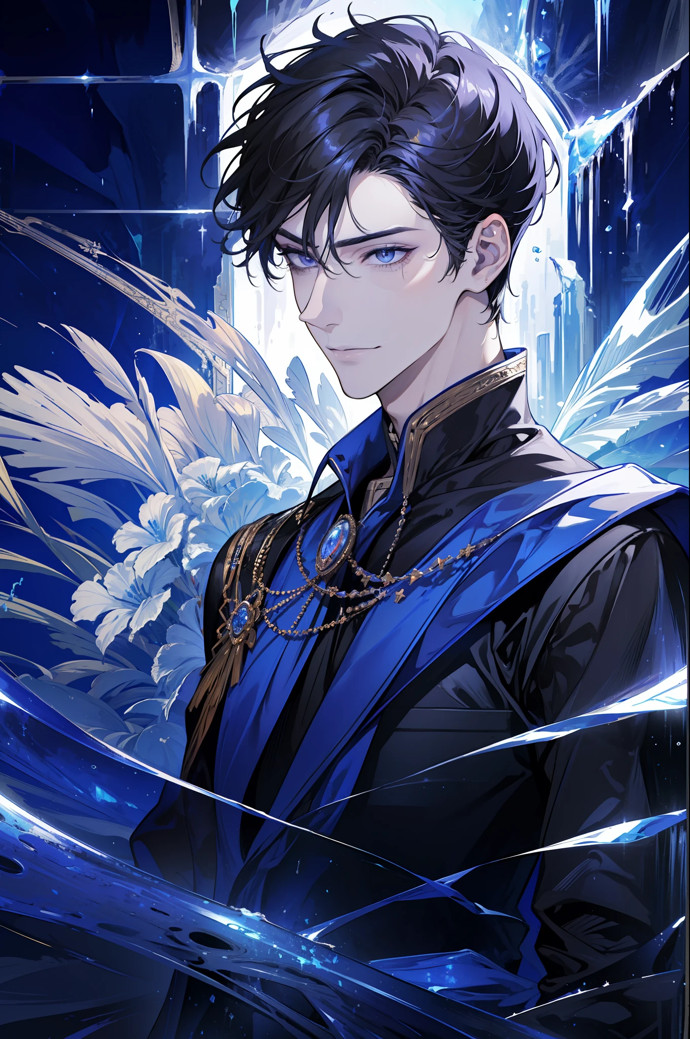 (absurdres, highres, ultra detailed), 1 male, adult, handsome, tall muscular guy, broad shoulders, finely detailed eyes, dark color hair, fantasy, complex pattern, detailed face, throne, magic effect, best ratio four finger and one thumb, ice, bitter cold, cold snap, smile, (dutch angle), closed mouth