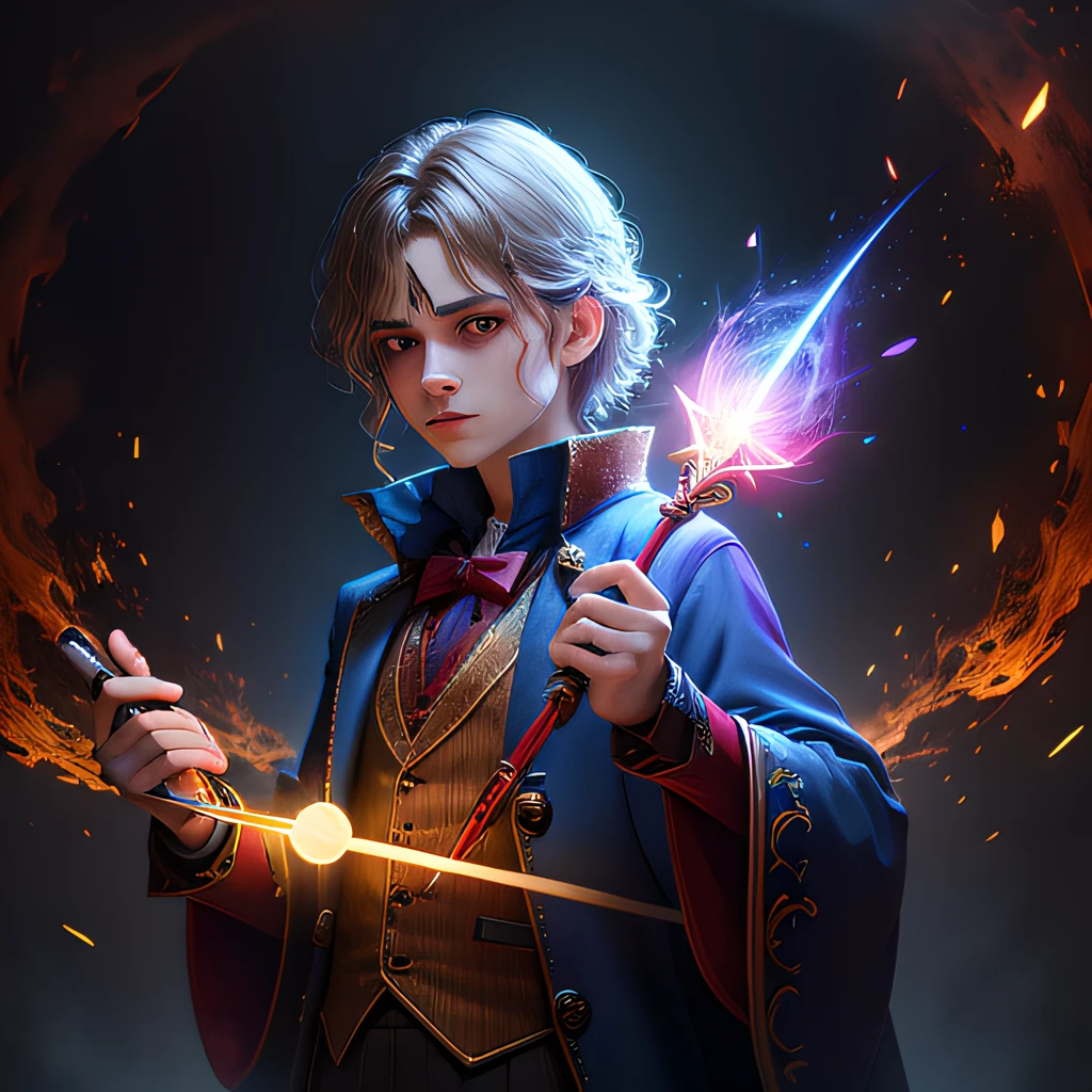 A magic wand in one hand,Wand magic effect,The magic wand is tilted in the frame,The tip of the wand emits a cool special effect,blood stain,Dark,fantasy