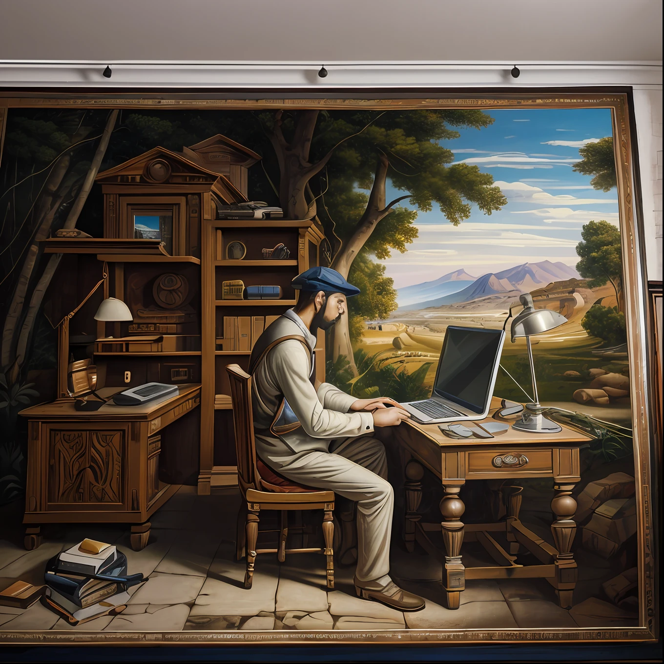 a picture of an ancient mural showing a man working on a computer, high details, best quality, 8k, [ultra detailed], masterpiece, best quality, (extremely detailed), dynamic angle, ultra wide shot, photorealistic,