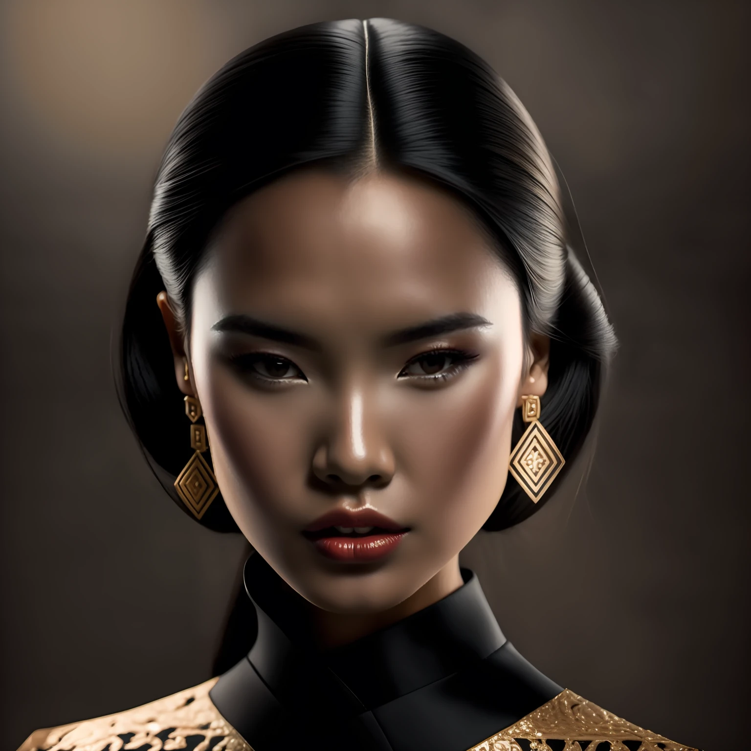 modelshoot style, RAW photo,1girl, 3d, asian, black_hair, blurry, brown_background, earrings, forehead, jewelry, lips, looking_at_viewer, nose, open_mouth, photo,  solo