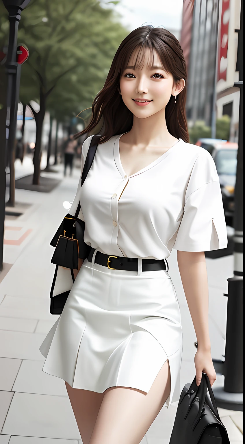 top-quality, masterpiece, 1girl in, beautiful countenance, The best smile、watching at viewers、(photographrealistic:1.3), Looking diagonally from the front、 (High Detail Skins:1.2), 8K UHD, Digital SLR, hightquality, hight resolution, 4K, 8K, bokeh dof, absurderes,Natural smile, (realisitic:1.3), Cute One Girl, White tight blouse、middlebreasts, Bursting breasts、(tight skirts、Provocative miniskirt, thighs thighs thighs thighs、1 big wide slit、Split skirt、Underwear is visible from under the skirt、Exhibitionism、Put one leg wide forward、legs protruding from the slit,、Bikini thighs、Blatant thighs、perfectly clean thighs、Straight knees)、Model walking、quickly、Daytime、Sunny、Bright downtown、Camel toes、Kelly Bag