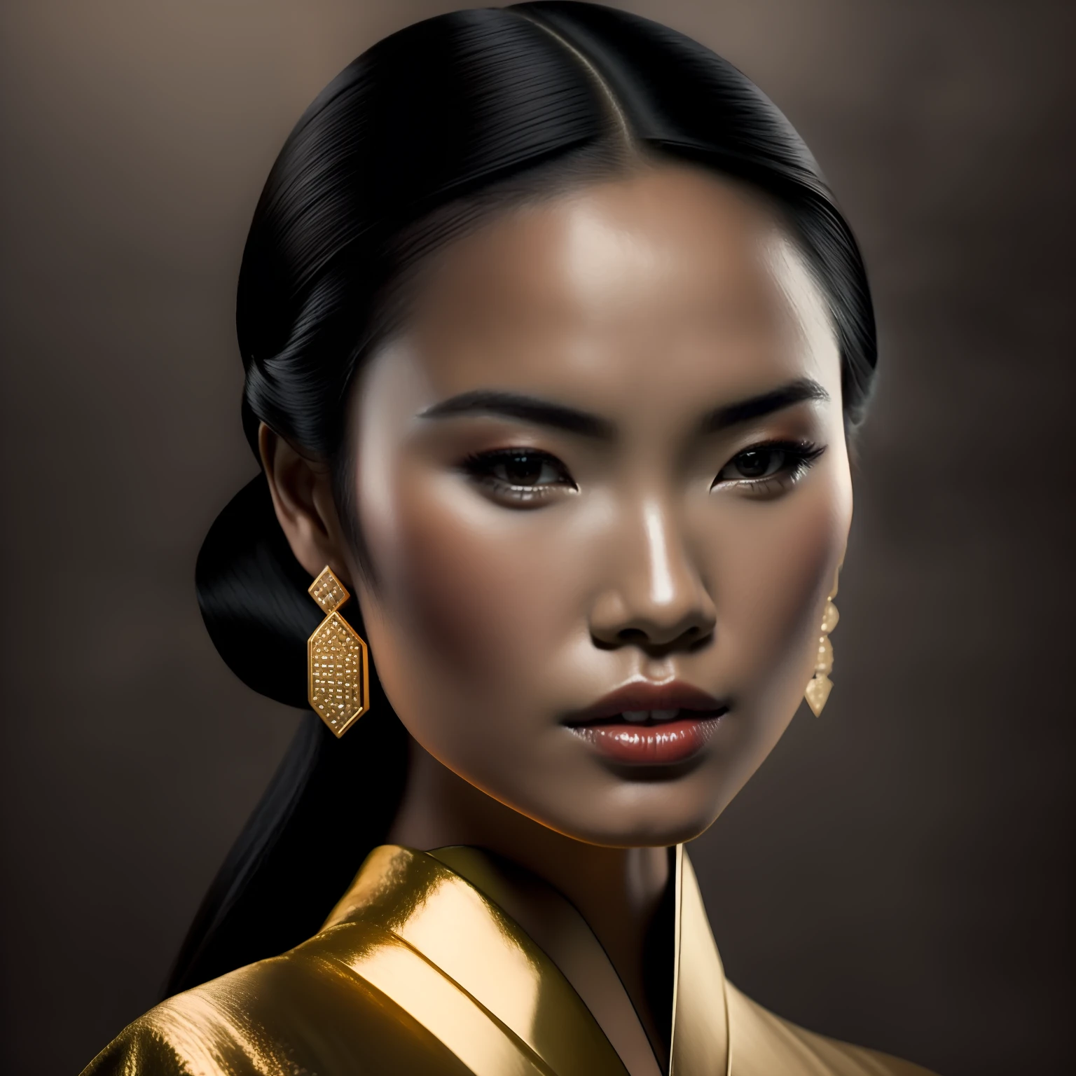 modelshoot style, RAW photo,1girl, 3d, asian, black_hair, blurry, brown_background, earrings, forehead, jewelry, lips, looking_at_viewer, nose, open_mouth, photo,  solo