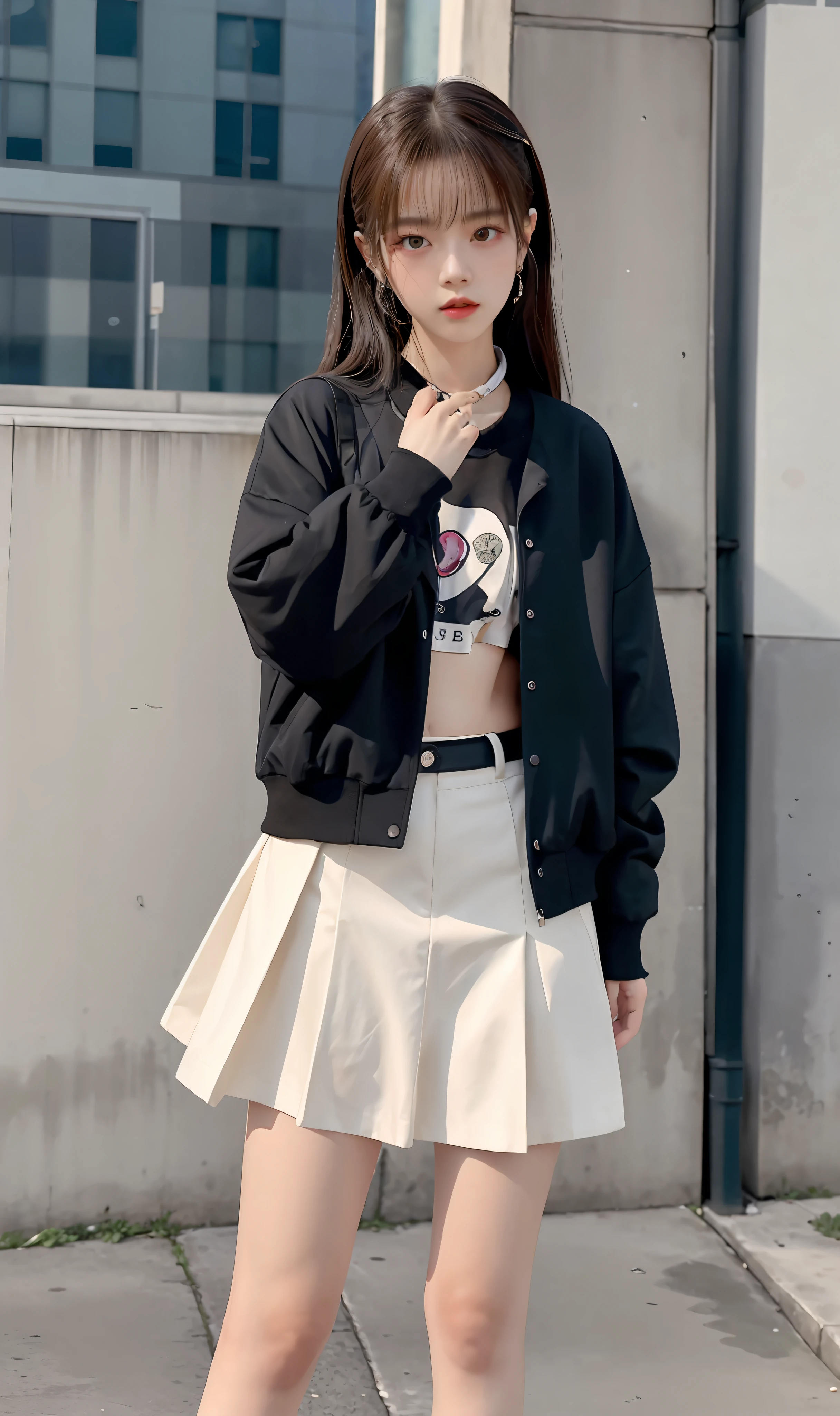 A woman in a skirt and jacket, lalisa manoban of blackpink,，She is seen wearing streetwear pieces, lofi girl aesthetic, Surrealism female students, dancing in the background, jisoo from blackpink, y 2 k style, Y2K style, y 2 k aesthetic, y2k aesthetic，Cute face，eye detailed，Delicate eyes，Realistis，hyper realisitc，vivaciousness，sexyposture，Urban streetscape，the city street，blue，Sweatshirt，Sweet expression，cuteexpression，Full of love