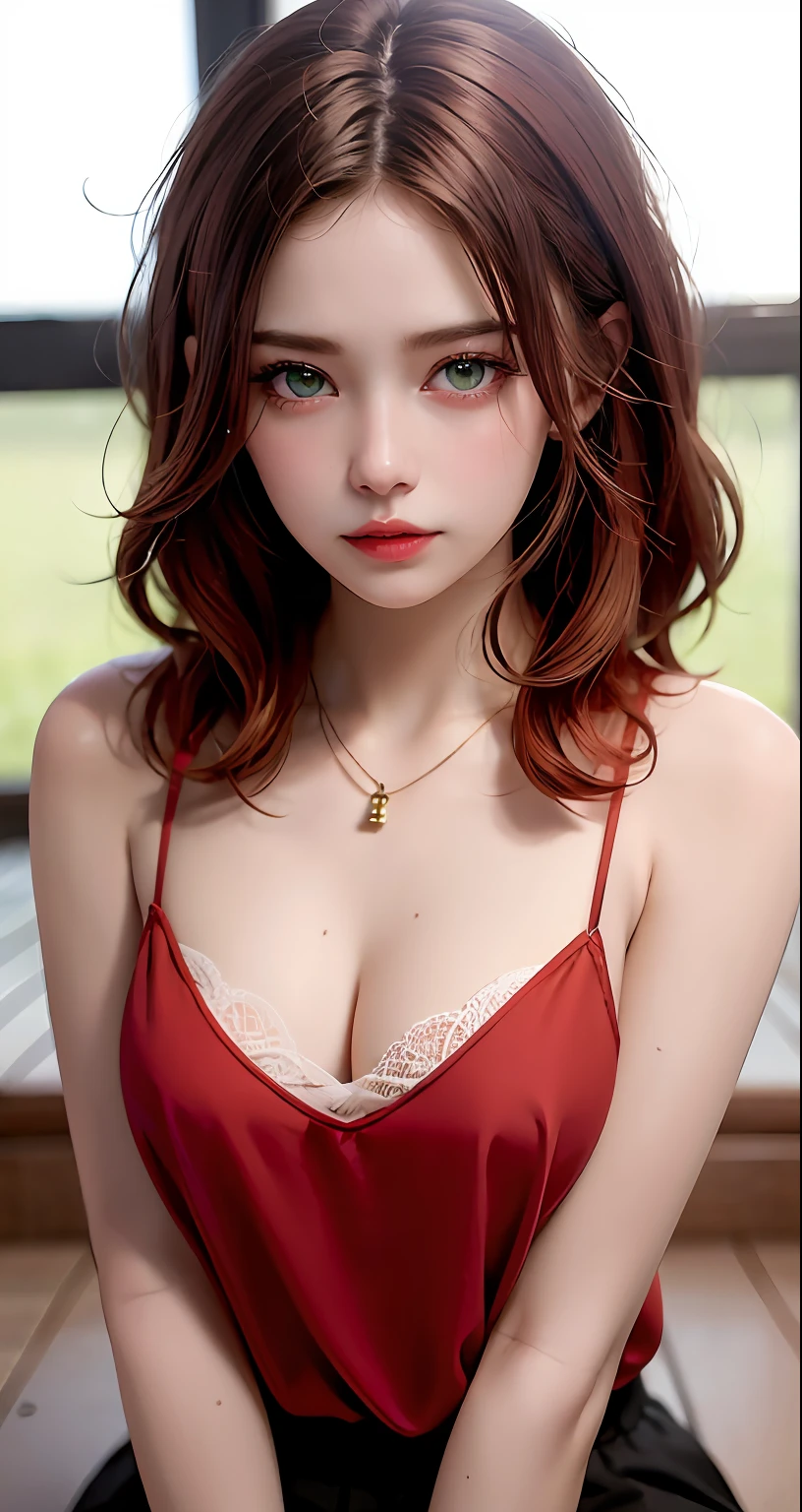 8k, RAW Photography, portlate, top-quality, 超A high resolution、piercings、Photorealsitic, 女の子1人, full bodyesbian, redhair, Green eyes、a necklace, a smile, eye lashes, 电影灯光, depth of fields, lensflare、camisole