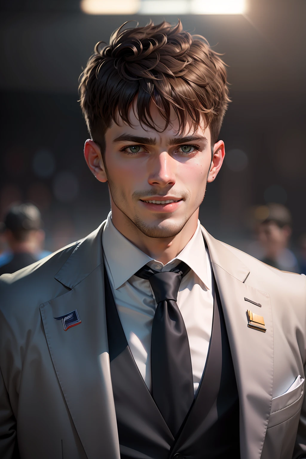 The man's name is Pulisic,He was on the football field,Run in stride,wide wide shot,full bodyesbian,With a smile on your face,Toothy,(Masterpiece,Best quality: 1.2),Arafeld man in suit and tie, high quality portrait, Vista picture,Rendu portrait 8k, maxwell render, professional portrait hd, well-groomed model, Career back,Dramatic, photorealistic painting art by midjourney and greg rutkowski