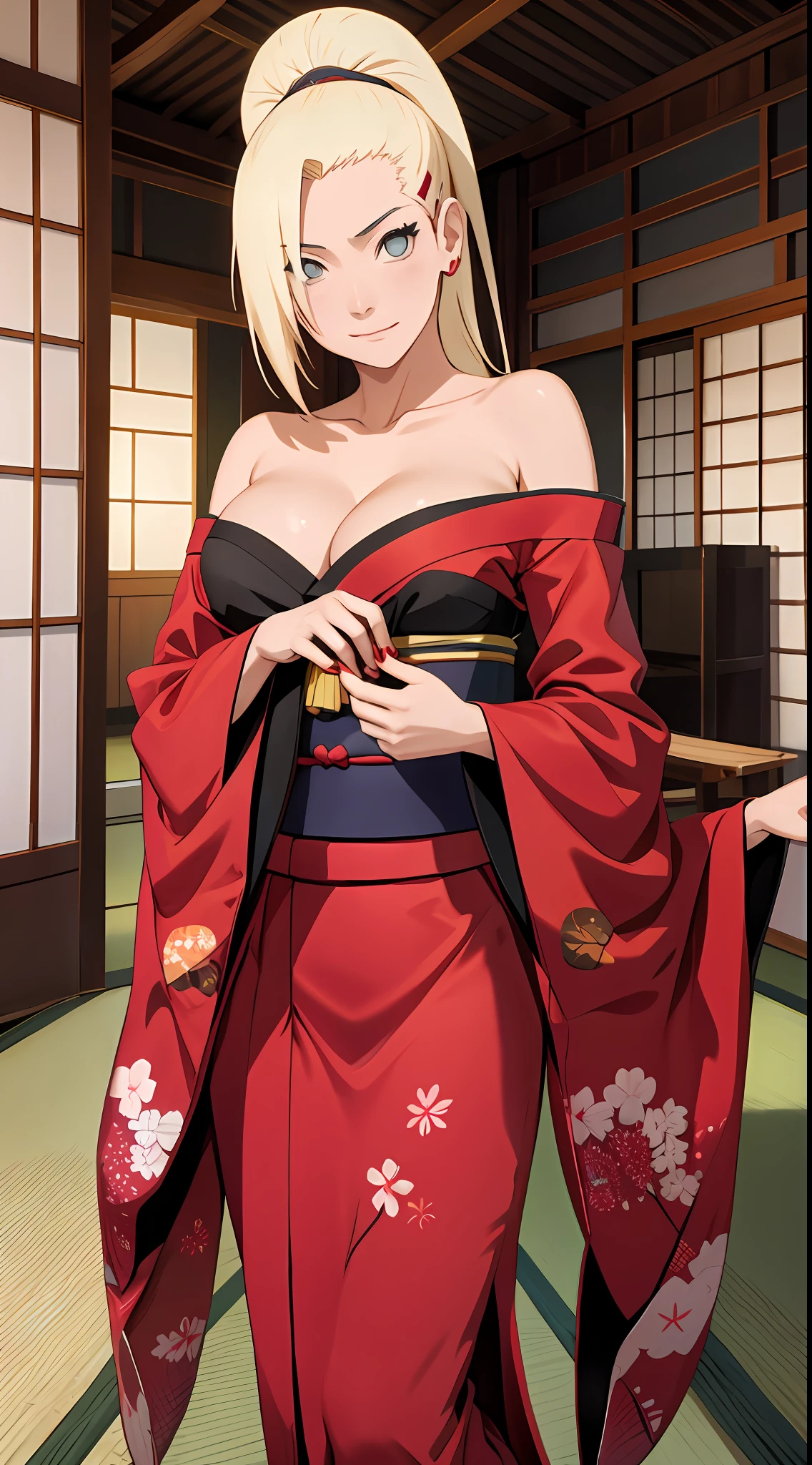 Ino yamanaka, komono, nevando, sitted,Japan kimono,Off-the-shoulder attire,cleavage,ssmile,Be red in the face,inside in room,Perfect body curves