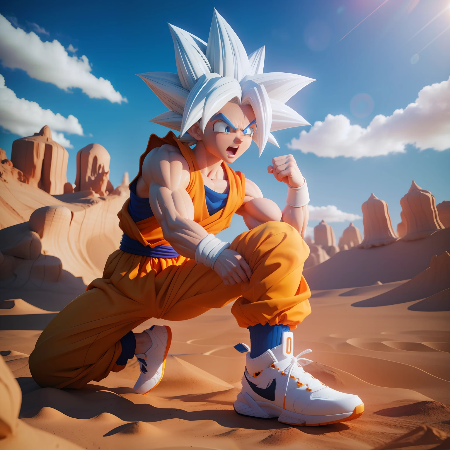 Goku, super saiyan, exquisite hair, arm depiction, white and blue hair body, exquisite shoes, eye depiction, exquisite hair, popmart blind box, clay texture, stepping on the land, black and white background, natural lighting, most good quality, super detail, 3D art, c4d, OC renderer, 3D rendering, 8k