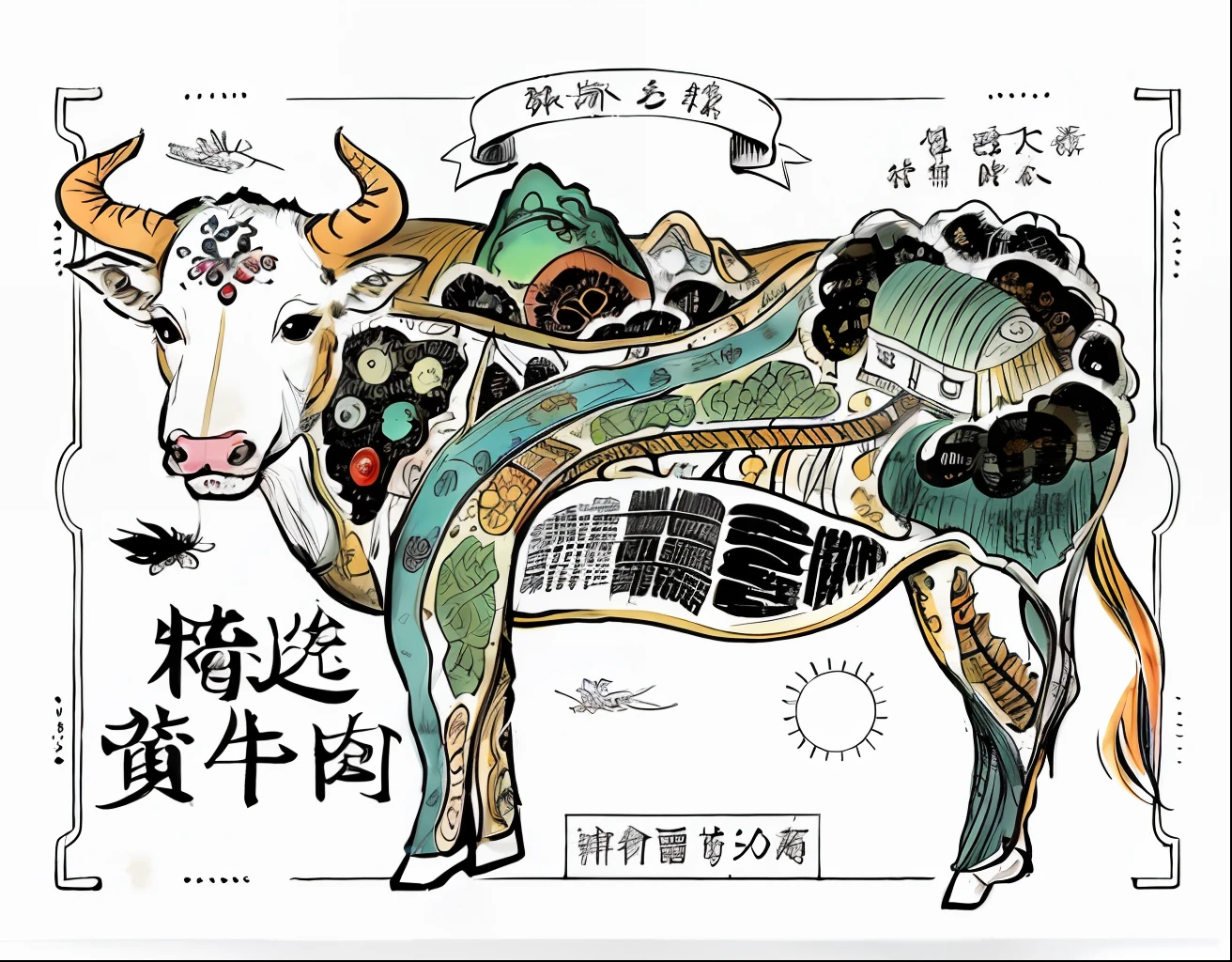 Chinese New Year beef with traditional calligraphy and traditional characters, author:Tan Yang Kano, author:Yan Hui, author:Kitasan Okada, author:Liu Haisu, by Josetsu, author:Li Zai, author:tooth wu, Chinese painting style, Highly detailed illustration, detailed digital illustration, highlydetailedillustrations, author:Fu Miao