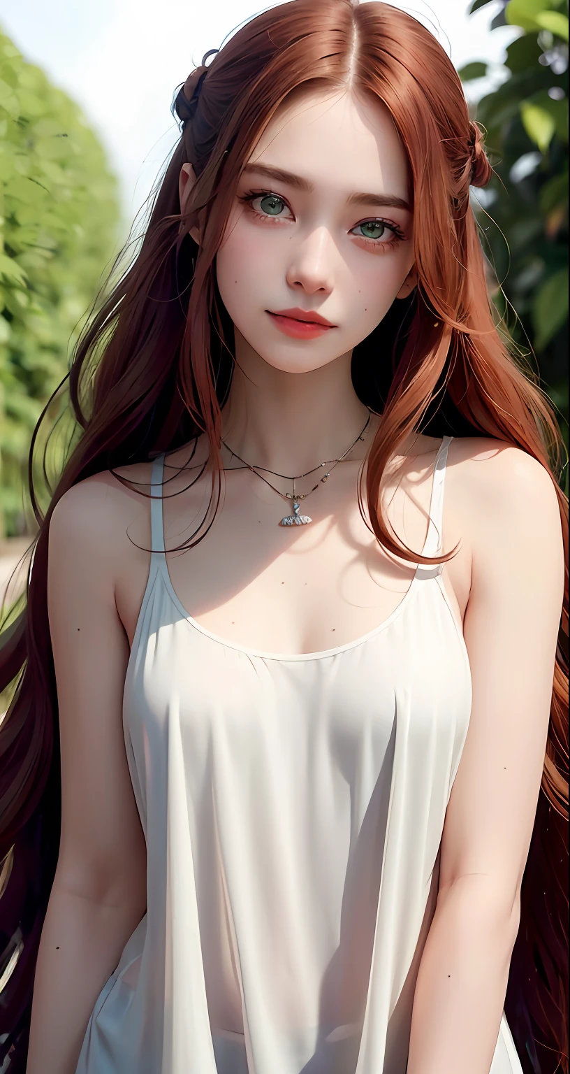 8k, RAW Photography, portlate, top-quality, 超A high resolution、Braids、piercings、Photorealsitic, 女の子1人, full bodyesbian, redhair, Green eyes、a necklace, a smile, eye lashes, 电影灯光, depth of fields, lensflare、camisole