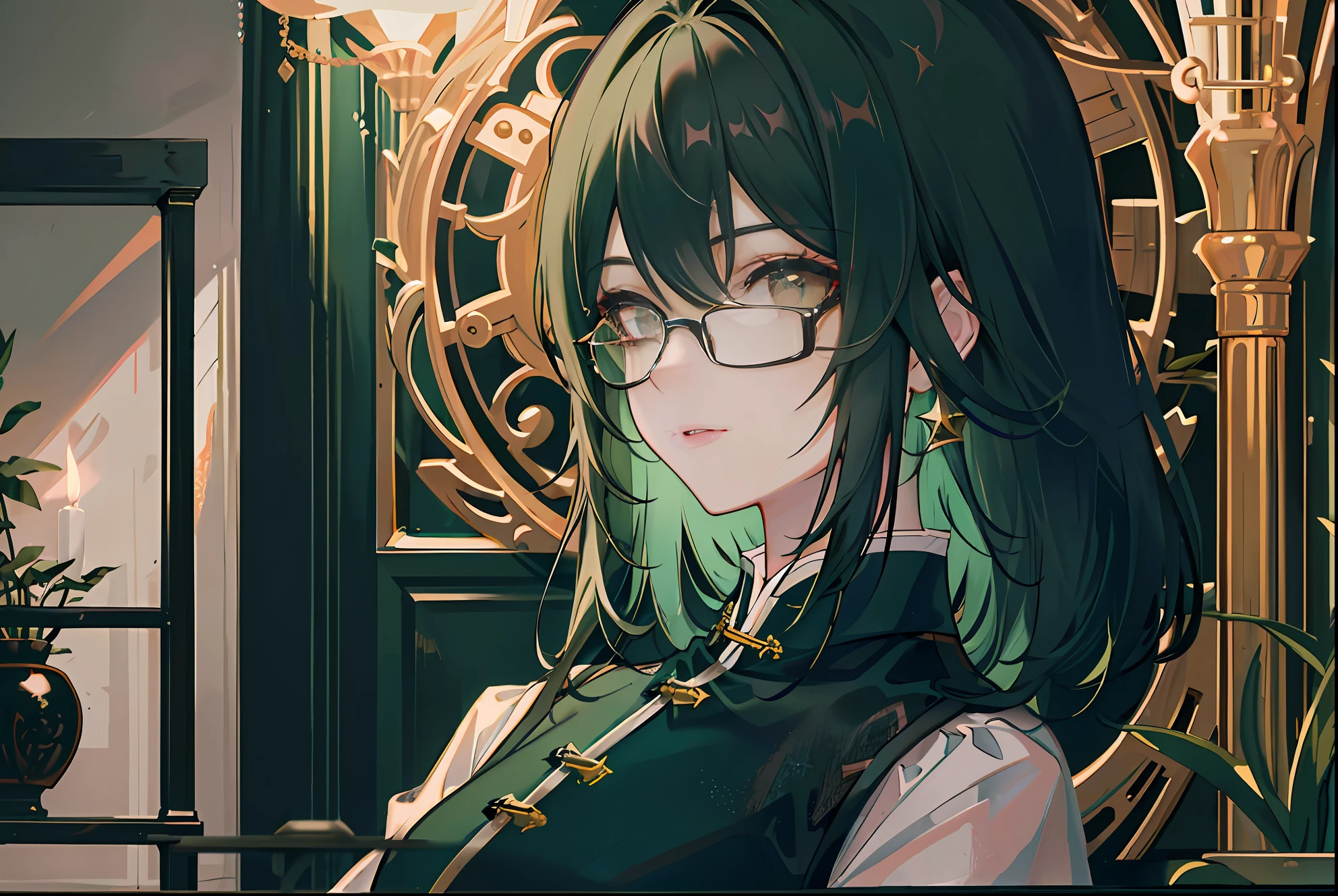 (Masterpiece, side-lighting, Ultra-detailed, fine detailed beautiful eyes: 1.2), 1girll,nightcity,Sateen,Dark green hair,short detailed hair,Black eyes,Chinese outfit,eye glass,Indifferent expression,