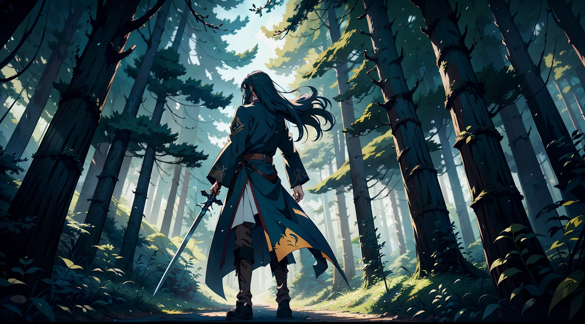 A man with long hair in a long coat stands in the middle of the forest，Hold a sword in the forest，Anime epic artwork，Epic fantasy art style，Digital 2D fantasy art，Anime fantasy illustration，Anime wallpaper 4k，forest soul，Anime art wallpaper 4k，Anime fantasy artwork。